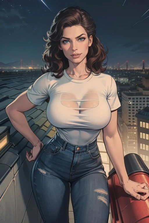 ((Midnight, Best quality, 8k, Masterpiece :1.3)), Whole body, Long legs, Sharp focus :1.2, A pretty woman with perfect figure :1.4, Slender abs :1.1, ((Dark brown hair,  :1.2)), (White tight tshirt, Jean bib, Standing:1.2), ((Night city view, Rooftop:1.3)), Highly detailed face and skin texture, Detailed eyes, Double eyelid