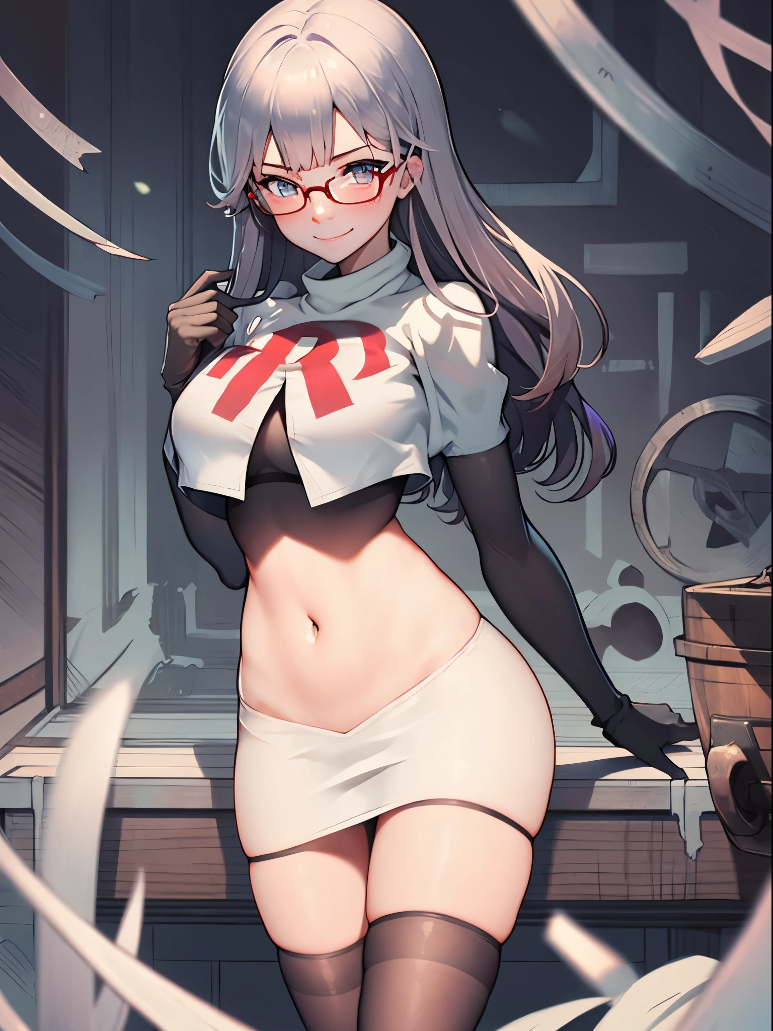 Gneisenau (Azur Lane), glasses,beautiful detailed eyes, periwinkle hair, long hair, team rocket,team rocket uniform, red letter R, white skirt,white crop top,black thigh-highs,black elbow gloves, sinister smile