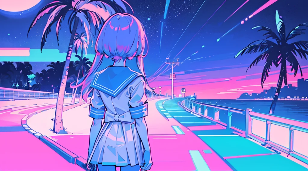 (back view of girl, sailor suit, kawaii), (cyberpunk road by the sea, pink glowing road, starry blue sky, big moon, palm trees), (low contrast, flat color, limited palette)
