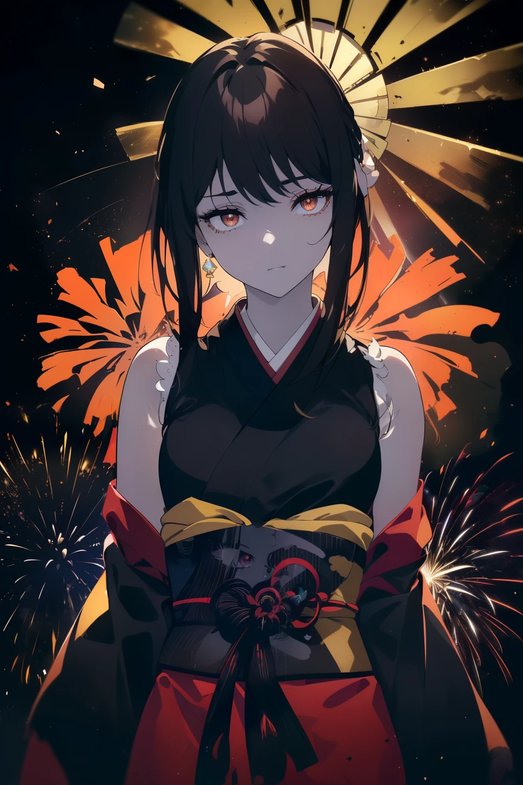 ((Obra maestra, La mejor calidad, ultrahigh resolution)), (((a stunning girl a kimono, obsidian black hair)), long hair, pale skin, ((dark brown eyes)), glowing_eyes, ((ultra detailed eyes:0.7, beautiful and detailed face, detailed eyes:0.9)), ((centered)), ((pretty)), facing viewer, eye level, (((wide shot, vibrant firework display in the night sky background))), flat chested, (looking at viewer), ((half closed eyes)), ((perfect hands)), ((((head:1, arms, hips, elbows, in view)))), ((hands behind back)), empty eyes, beautiful lighting, outside, outdoors, background, defined subject, 18 years old, (head tilt)