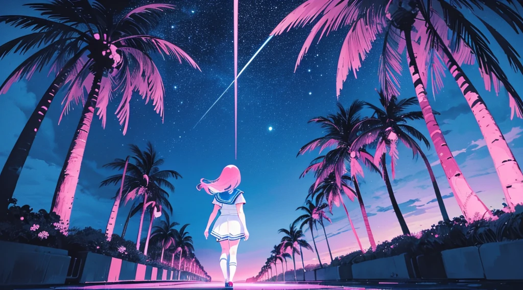 (back view of girl, sailor suit, kawaii), (cyberpunk road by the sea, pink glowing road, starry blue sky, big moon, palm trees), (low contrast, flat color, limited palette)