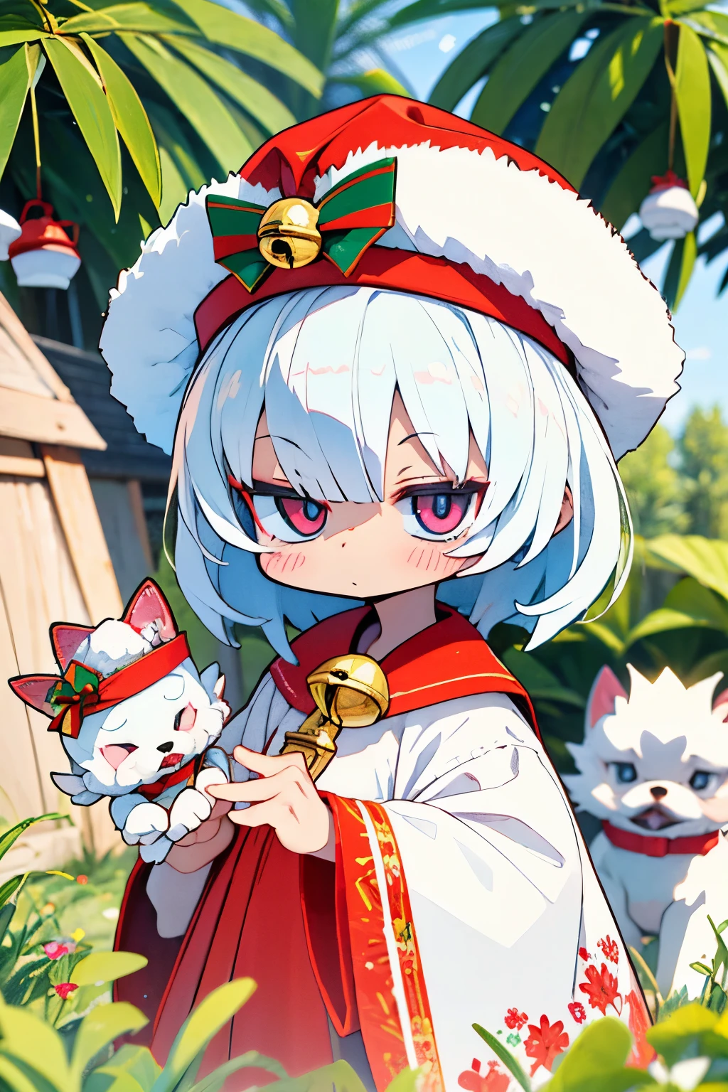 3D vector art、Colorful cute white pekingese dog(he is wearing a christmas hat、There is a bell on the collar.)Girl Holding、 cute christmas present, Ultra-realistic high quality, Cute and quirky, Fantasy Art, Watercolor effect