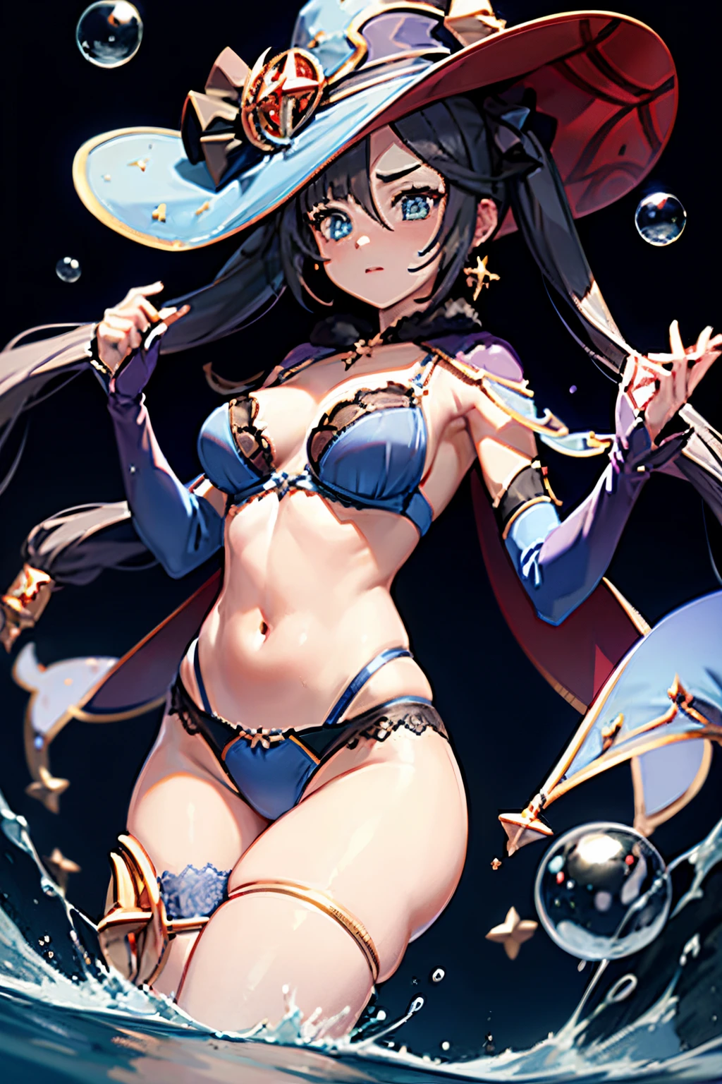 magic, hat, fantasy, casting a spell, from below, lingerie, blue magic circles, see-through lace bra and panties, floating water balls, butt