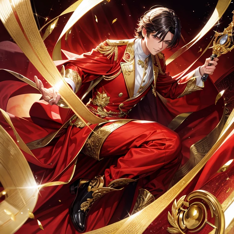 official，A handsome guy in red clothes，Gold list title，Costume background