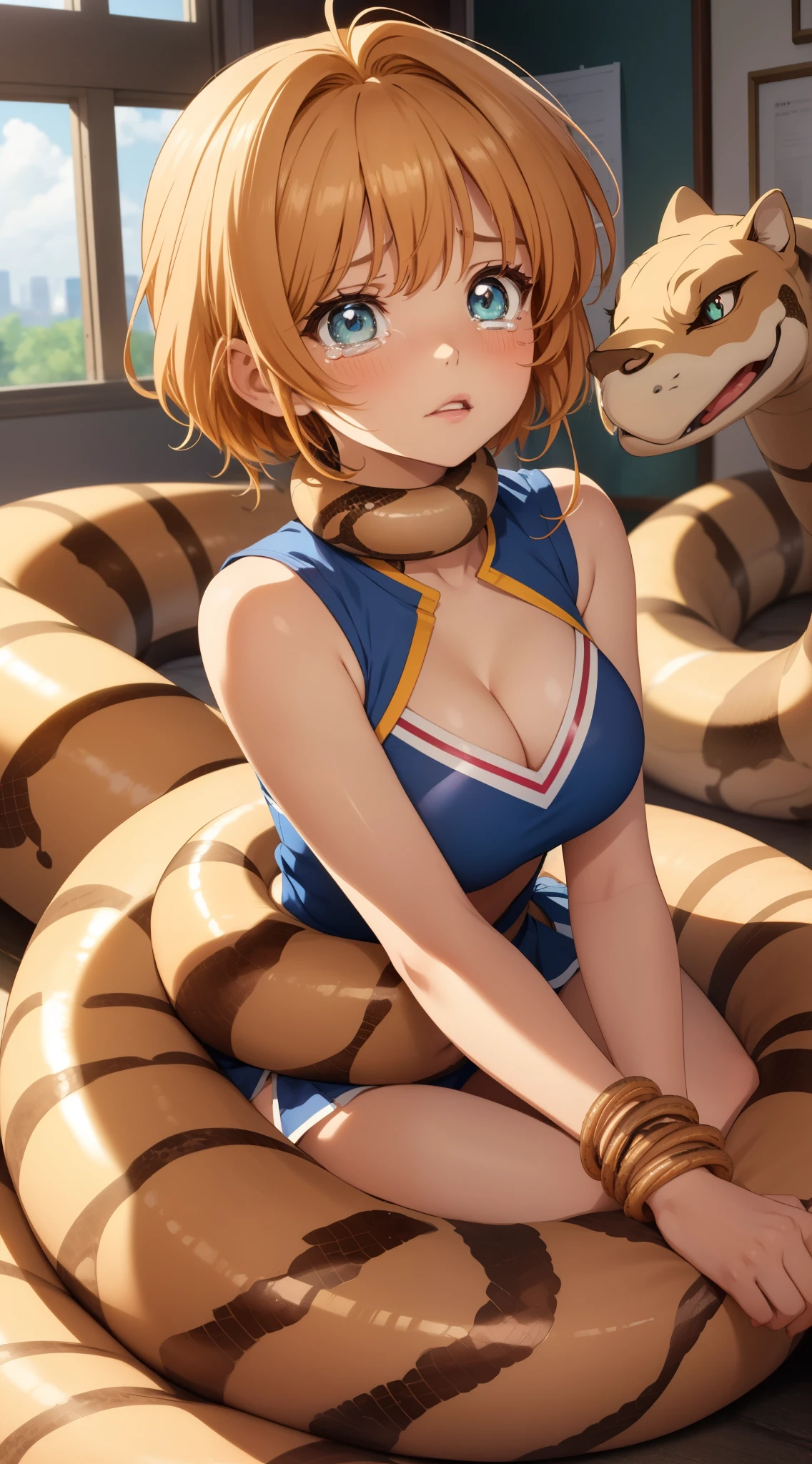 masterpiece, best quality, highres, perfect pixel, depth of field, 1girl, single, solo, beautiful anime girl, beautiful artstyle, (detailed face), (blush), anime CG style, (medium breasts), good lighting, perfect body, lips parted, (sakura kinomoto), glossy lips, cleavage, (tears:1.2), snake, restrained, (coiled:1.3), cheerleader