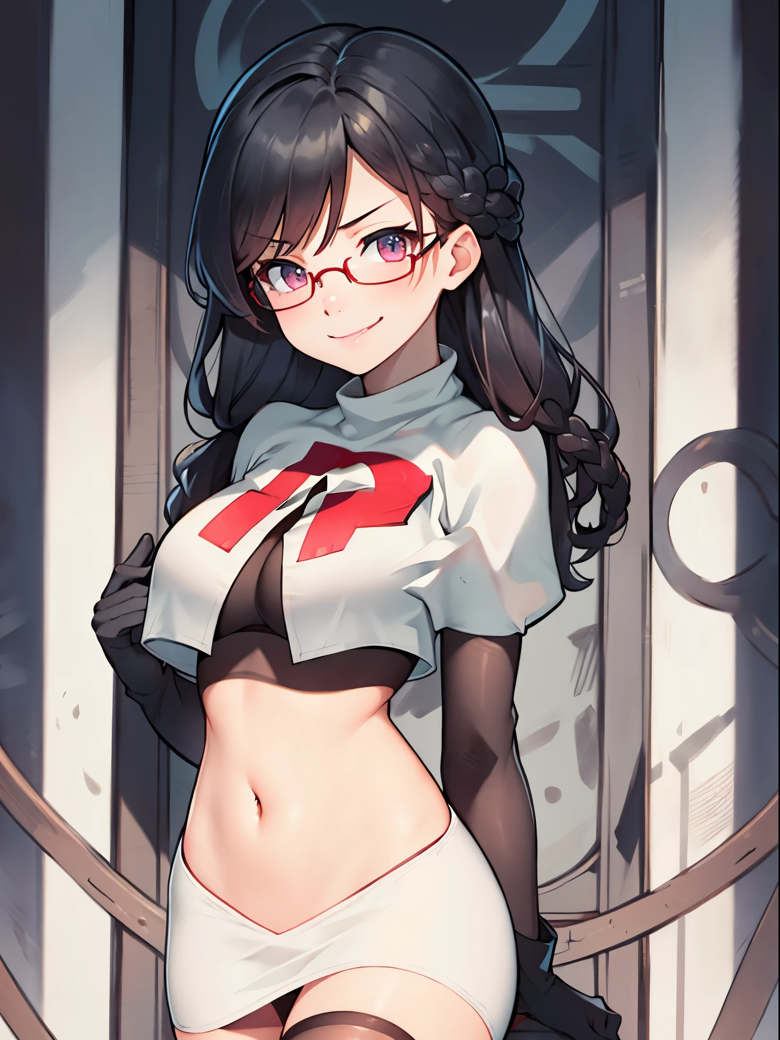 Gneisenau (Azur Lane), glasses,beautiful detailed eyes, periwinkle hair, long hair, team rocket,team rocket uniform, red letter R, white skirt,white crop top,black thigh-highs,black elbow gloves, sinister smile