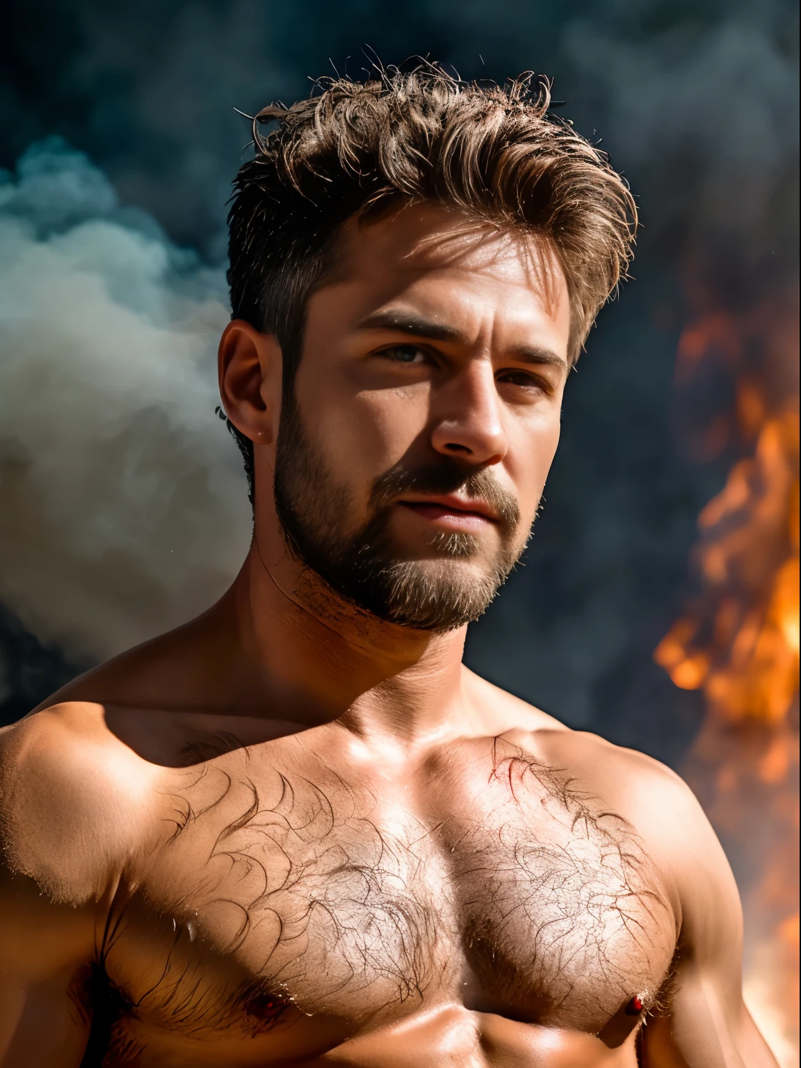 masterpiece, best quality, high resolution, closeup portrait, male focus, solo focus, A man, 45 years old, with firefighter uniform, firefighter suit, firefighter, bleached blonde silver hair, looking french, messy short hairstyle, lean body, cute and seductive face, bare chest, dirty body, messy hair, body hair, facial hair, facial hair unshaved, roman nose, very skinny body, hairy legs, dimples, medium beard, bold jawline , in the background a fire station, view from below, amazing composition, front view, HDR, ultra quality, elegant, highly detailed