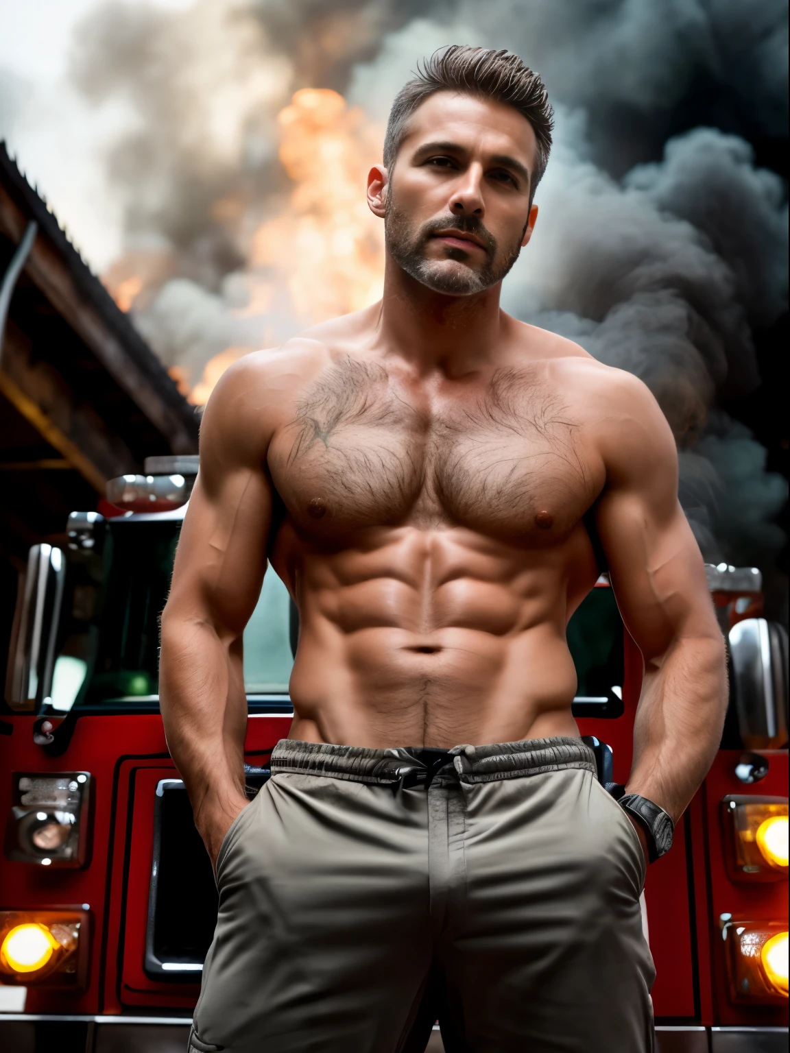 masterpiece, best quality, high resolution, closeup portrait, male focus, solo focus, A man, 45 years old, with firefighter uniform, closeup, firefighter suit, firefighter, bleached blonde silver hair, looking french, messy short hairstyle, lean body, cute and seductive face, bare chest, dirty body, messy hair, body hair, facial hair, facial hair unshaved, roman nose, very skinny body, hairy legs, dimples, medium beard, bold jawline , in the background a fire station,  view from below, amazing composition, front view, HDR, ultra quality, elegant, highly detailed