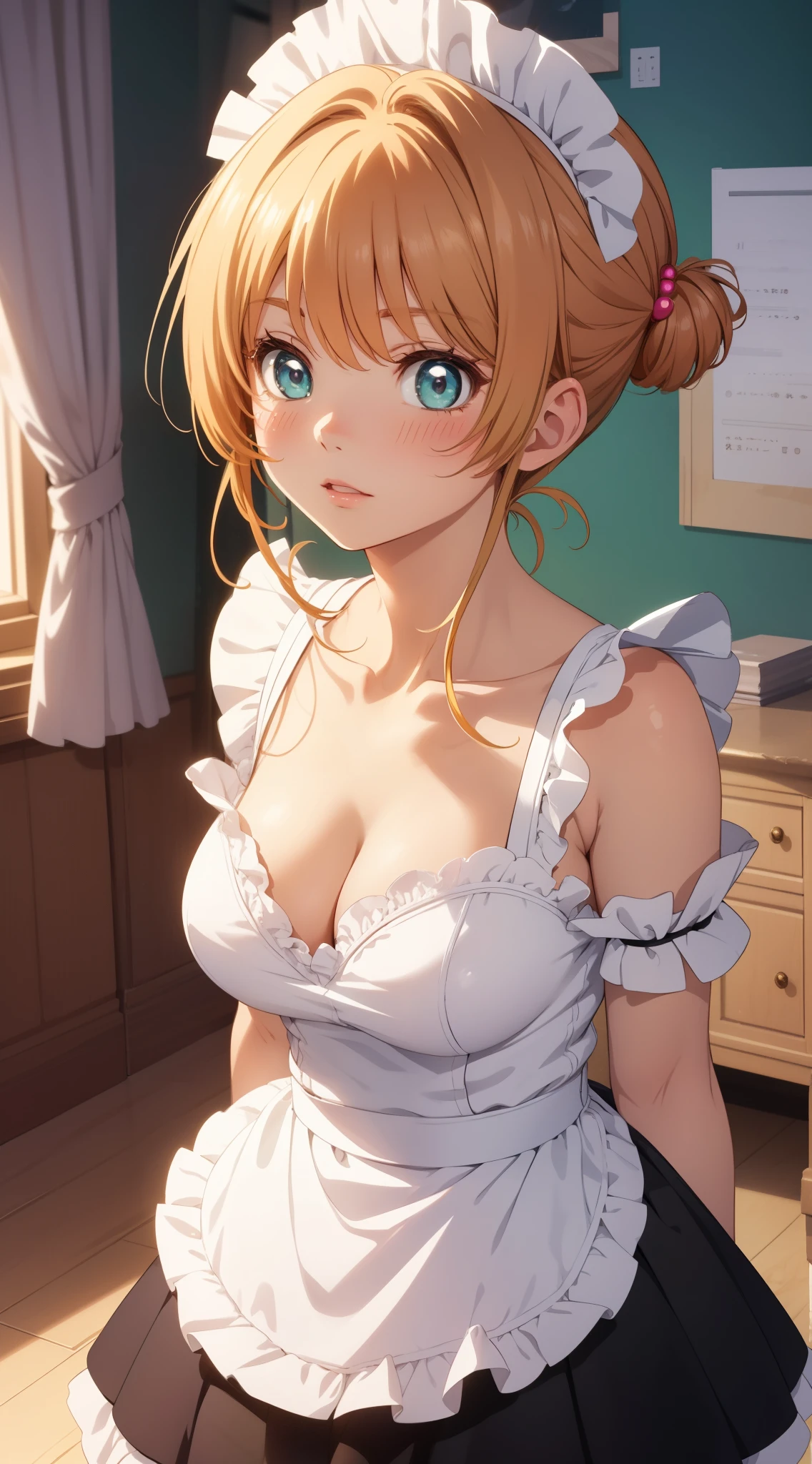 masterpiece, best quality, highres, perfect pixel, depth of field, 1girl, single, solo, beautiful anime girl, beautiful artstyle, (detailed face), (blush), anime CG style, (medium breasts), good lighting, perfect body, lips parted, (sakura kinomoto), glossy lips, cleavage, (maid)