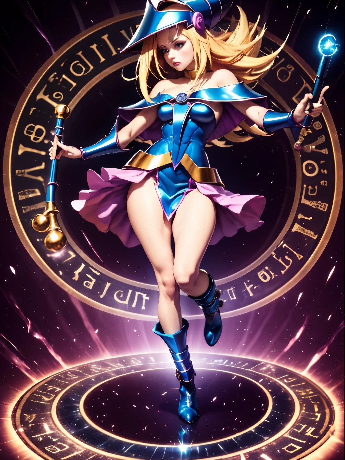 ultra-detailed, extremely detailed, masterpiece, highest quality, best quality, absurdres, highres, dark magician girl, (1girl:1.2), solo, detailed face, dynamic pose, hair flow, (full body:1.1), blonde hair, long hair, looking at viewer, green eyes, skindentation, detailed skin, skin pores, (shiny skin, glossy skin:1.1), rosy skin details, breasts, nail polish, skirt, blue footwear, blue headwear, wizard hat, wand, holding hat, (blue panties:0.9), (summoning circle:1.1), hexagram, pentacle, pentagram, yu-gi-oh!, duel monster, purple magic field, glow, detailed background, intricate background,