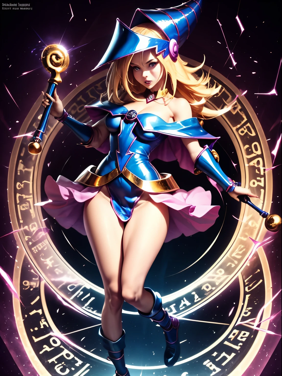 ultra-detailed, extremely detailed, masterpiece, highest quality, best quality, absurdres, highres, dark magician girl, (1girl:1.2), solo, detailed face, dynamic pose, hair flow, (full body:1.1), blonde hair, long hair, looking at viewer, green eyes, skindentation, detailed skin, skin pores, (shiny skin, glossy skin:1.1), rosy skin details, breasts, nail polish, skirt, blue footwear, blue headwear, wizard hat, wand, holding hat, (blue panties:0.9), (summoning circle:1.1), hexagram, pentacle, pentagram, yu-gi-oh!, duel monster, purple magic field, glow, detailed background, intricate background,
