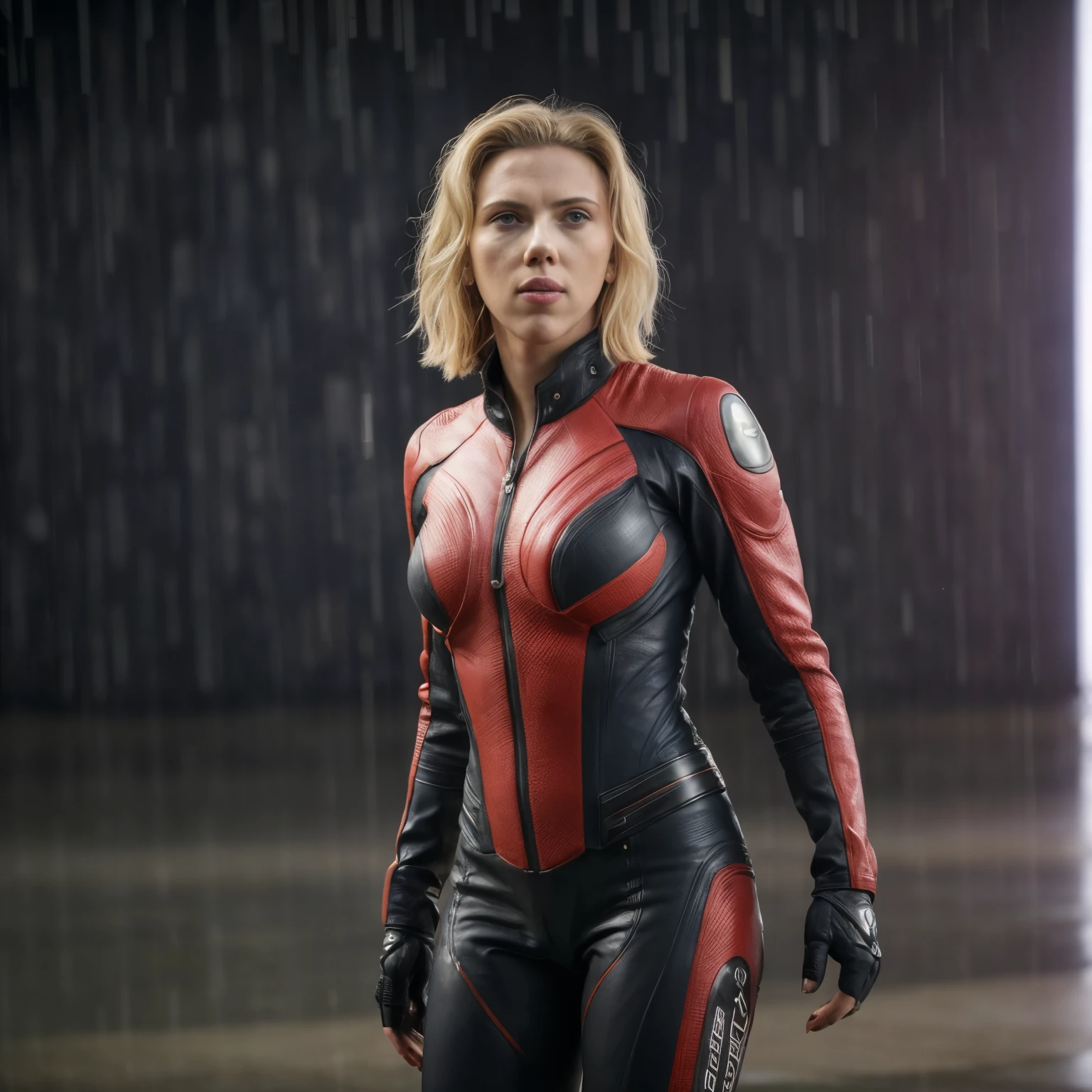 (Photograph of Scarlett Johansson), (random photo , full body shot ) (standing in the light  rain, dressed as a sexy action woman, colorful background, tight leather suit,sexualized style , tall mature woman, various random  angles ), [insanely detailed skin texture, sexy attractive texture, detailed natural environment background] (depth of field) (( perfect body parts, (  hyper photorealistic) , bright light , 85mm, 100mm lens, f/1.8 uplight ))