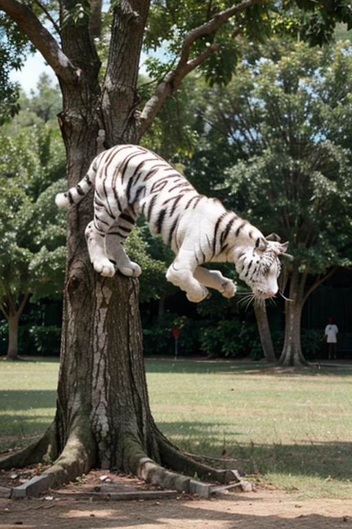 A white tiger falling from a tree