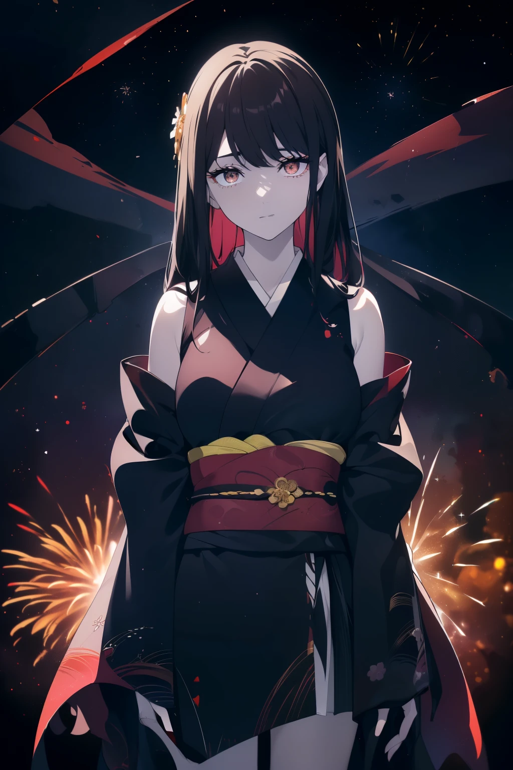 ((Obra maestra, La mejor calidad, ultrahigh resolution)), (((a stunning girl a kimono, obsidian black hair)), long hair, pale skin, ((dark brown eyes)), glowing_eyes, ((ultra detailed eyes:0.7, beautiful and detailed face, detailed eyes:0.9)), ((centered)), ((pretty)), facing viewer, eye level, (((wide shot, vibrant firework display in the night sky background))), flat chested, (looking at viewer), ((half closed eyes)), ((perfect hands)), ((((head:1, arms, hips, elbows, in view)))), ((hands behind back)), empty eyes, beautiful lighting, outside, outdoors, background, defined subject, 18 years old, (head tilt)