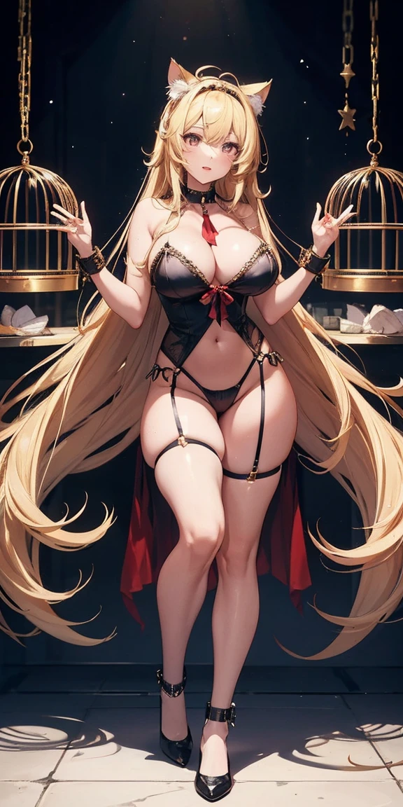 full body standing straight symmetrical, huge boob，Best picture quality，busty figure，Lieyang red lipquisite facial features，Charming sexy beauty，Wearing white erotic lingerie，Wearing black silk fishnet socks，Handcuffs on their hands，With a collar around the neck，，Wavy blonde，Get wet，high high quality，best qualtiy，Wear cat ears on the head，Trapped in a cage，There are chains wrapped around the body, (Locking metal collar and shackles, golden chains)