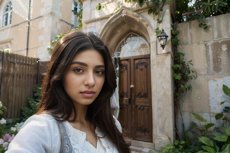 (Best quality, Ultra-detailed, Masterpiece:1.5), photograph of a beautiful pakistani woman in her garden. The woman should have a flawless, highly detailed face with soft, luminous skin. Her long hair should be naturally brown and stylishly arranged. (Perfect Eyes:1.2), double eyelids, photo-realistic:1.5), holding her phone, taking a selfie