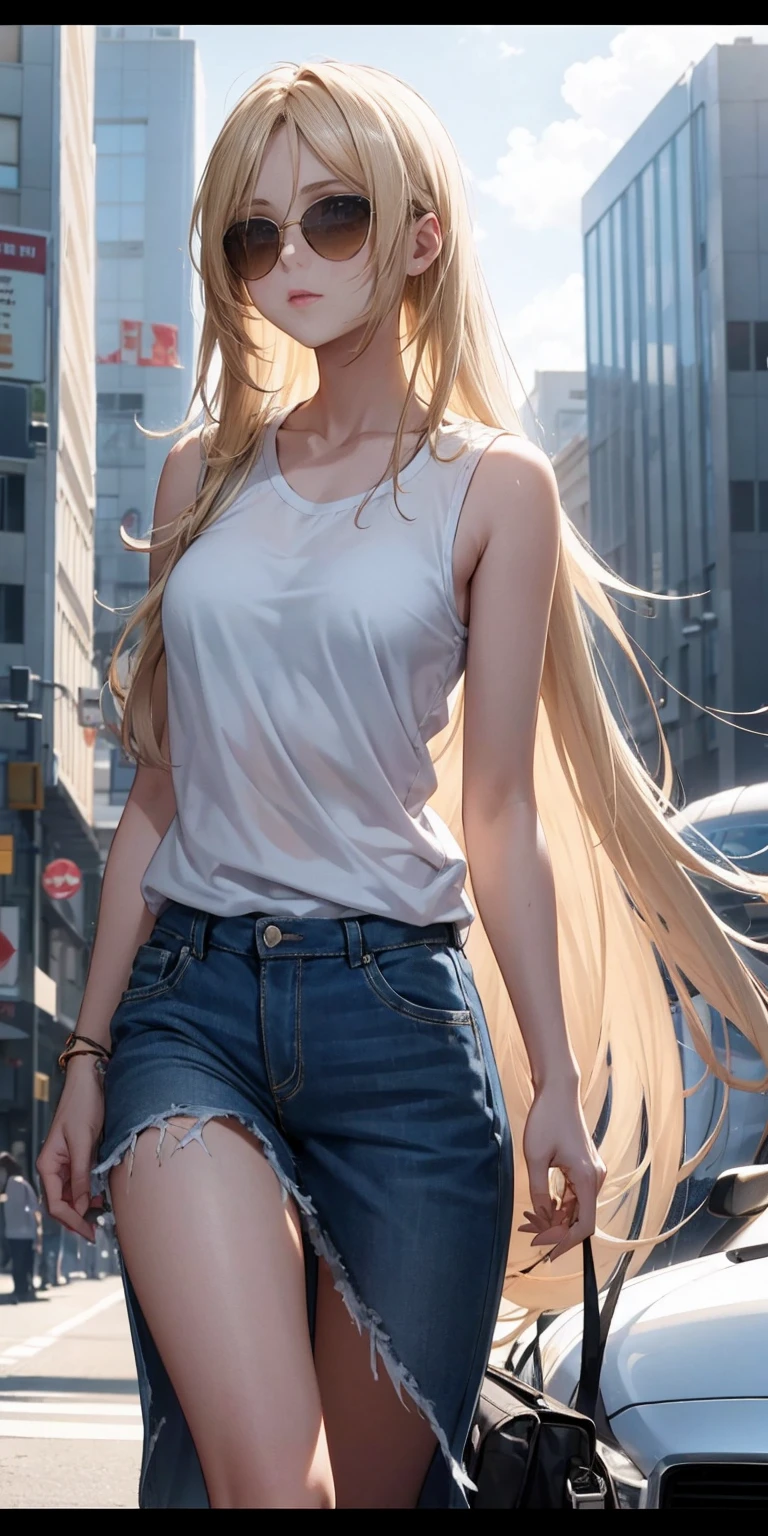 Female, standing, straight, long_hair, messy_hair,blonde_hair, blue_sunglasses,white_shirt,sleeveless_shirt, photo, cinematic