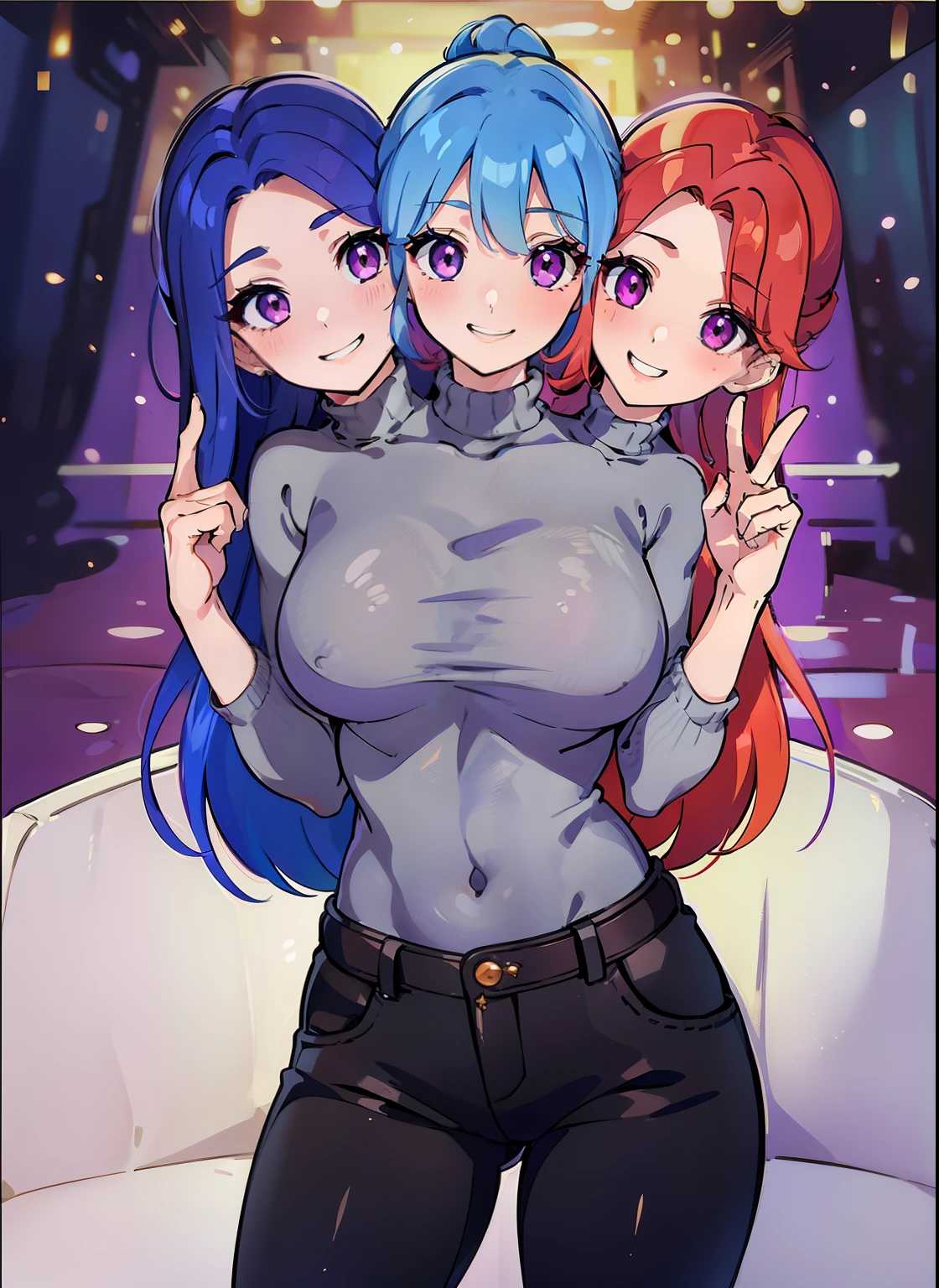 (masterpiece, best quality), best resolution, (3heads:1.5), 1girl,(vivid sky blue hair), (red orange hair), (violet purple hair), same eye color as the hair, smiling, giggling, friendly, inviting, ((very shy expression)), mature look, ( gray turtleneck sweater), black long pants, vibrant colors, long hair, (hair clip), sharp eyes, apartment background, cowboy shot