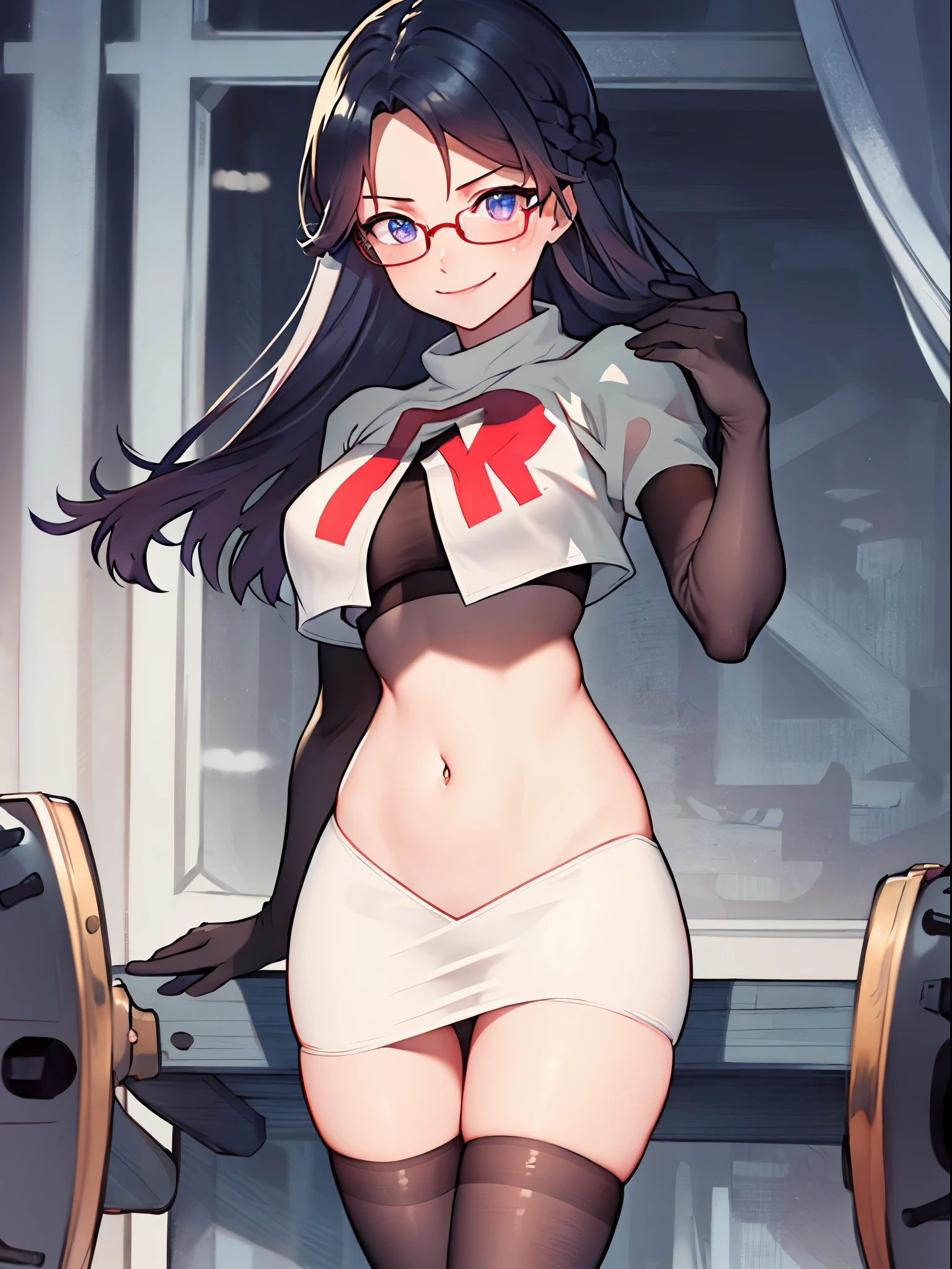 best quality, masterpiece, highres, solo, {ooyodo_kantaicollection:1.15}, black_hair, long_hair, glasses, hairband, semi-rimless_eyewear, under-rim_eyewear, blue_eyes, green_eyes, small_breasts, 1girl, looking_at_viewer, necktie, harbor_school_background, red_necktie,angry,smile,Proudly,(bunny_suits:1.5),bunny_ears,thighs,fishnet_pantyhose,cuffs,