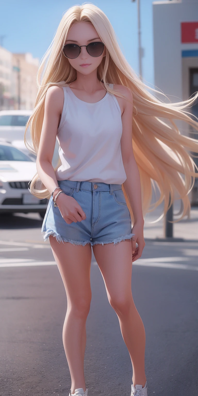 Photorealistic:1.5, Beautiful woman, extremely long hair, white yellow hair, (amber color eyes:1.5), (masterpiece:1.3), (best quality:1.3), high-resolution, Head-on angle, Body facing forward, solo, beautiful detailed eyes, mid day, (((best quality, textile shading, ultra detailed))), extremely detailed CG unity 8k wallpaper, Highly Detailed beautiful and aesthetic, high resolution, detailed, dramatic lighting, 1Character, soft, gentle colors, (flat chest:1.5), (white thin camisole:1.5), (Lowrise blue shorts:1.5), (navel:1.2), (Wear an ankle-length summer cardigan:1.5),