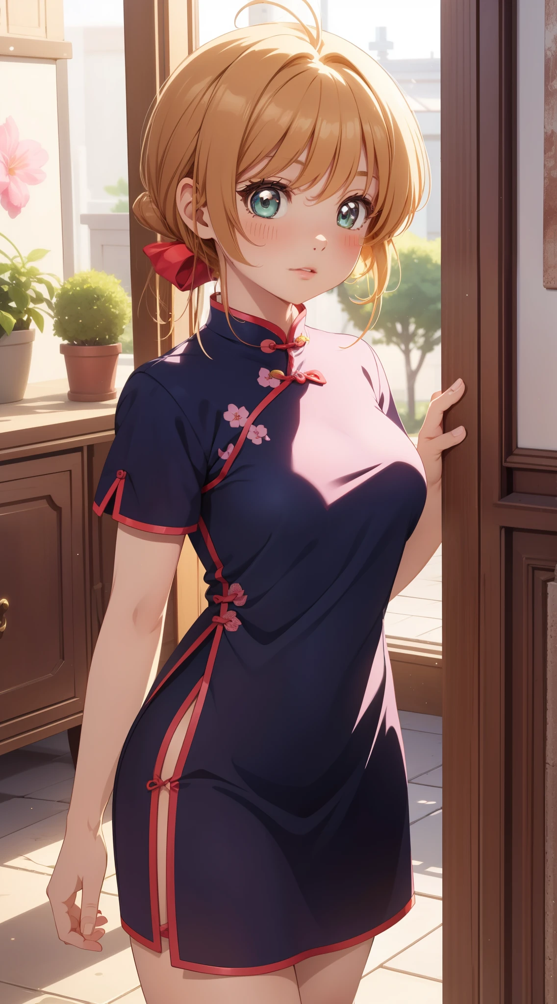 masterpiece, best quality, highres, perfect pixel, depth of field, 1girl, single, solo, beautiful anime girl, beautiful artstyle, (detailed face), (blush), anime CG style, (medium breasts), good lighting, perfect body, lips parted, (sakura kinomoto), glossy lips,, (cheongsam)