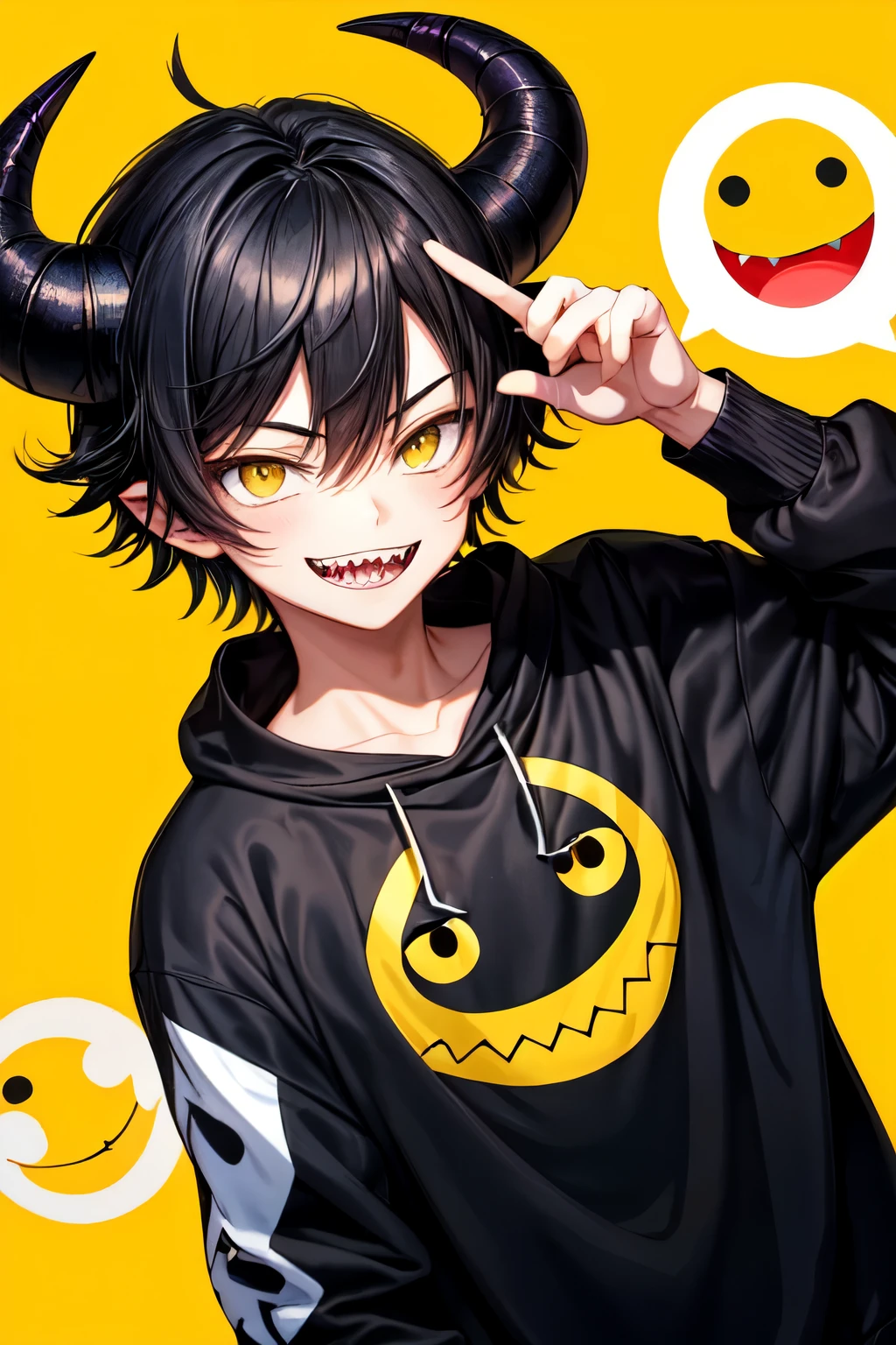A teen boy with black hair and bangs between his eyes, with a psychopathic smile on his face, yellow eyes, sharp teeth, with horns, in a black sweatshirt with a drawing of a yellow smiley face in the middle, looking at the viewer, on a gray background blurred.