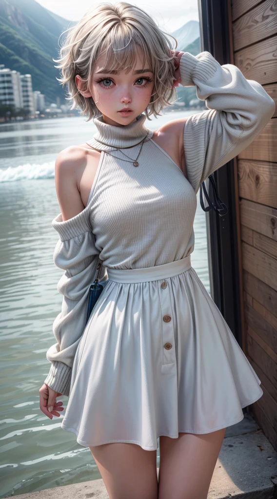 1girl, short hair up to the shoulders, roupas de frio, neve, nuvens nuvens detalhadas, agua detalhada, sentada, rio, lago, montanhas, camera distante, key piece, (melhor qualidade), (ultra qualidade), (ultra detalhado), (muito detalhe)
