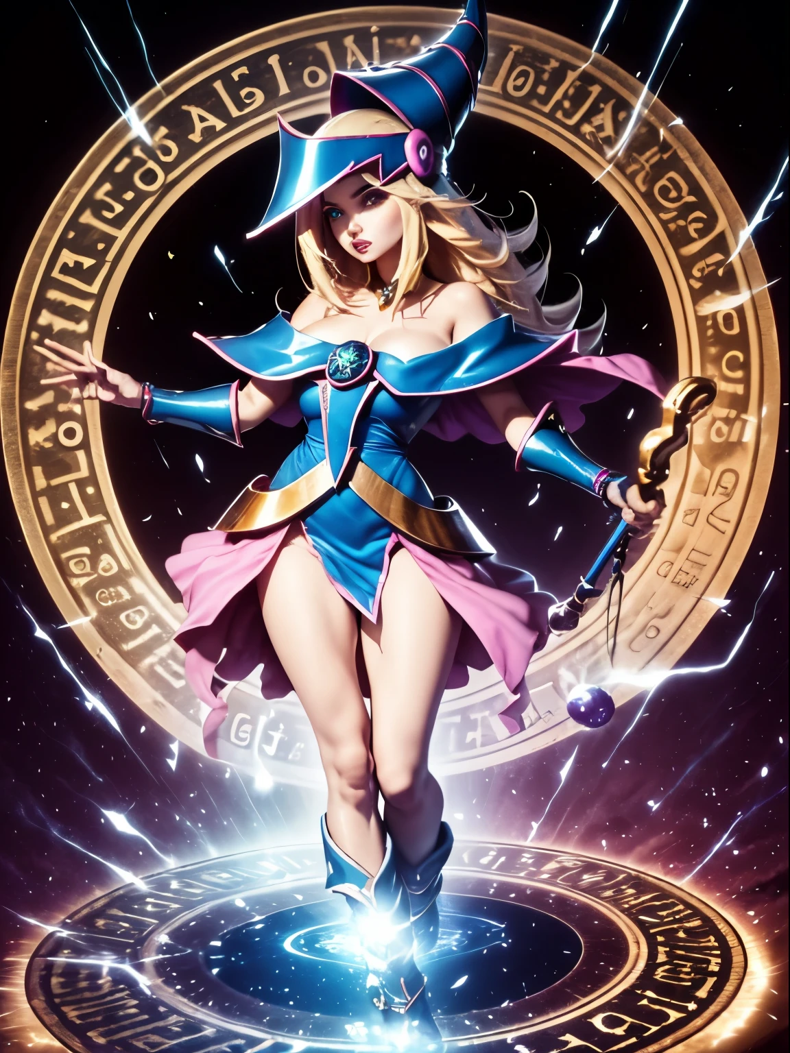 ultra-detallado, extremadamente detallado, obra maestra, sthe highest qualit, la mejor calidad, absurdos, highres, dark magician girl, (1girl: 1.2), solo, cara detallada, dynamic  pose, flujo de cabello, (cuerpo completo: 1.1), cabello rubio, cabello largo, mirando al espectador, ojos verdes, skindentation, piel detallada, poros de la piel, (piel brillante, piel brillante: 1.1), detalles de piel rosada, senos, toenail polish, falda, calzado azul, sombrero azul, sombrero de mago,  varita, holding hat, (bragas azules: 0.9), (summoning circle: 1.1), hexagrama, pentacle, pentagrama, yu-gi-oh!, monstruo de duelo, Purple Magic Field, resplandor, fondo detallado, fondo intrincado, Pose sujestiva y sensual