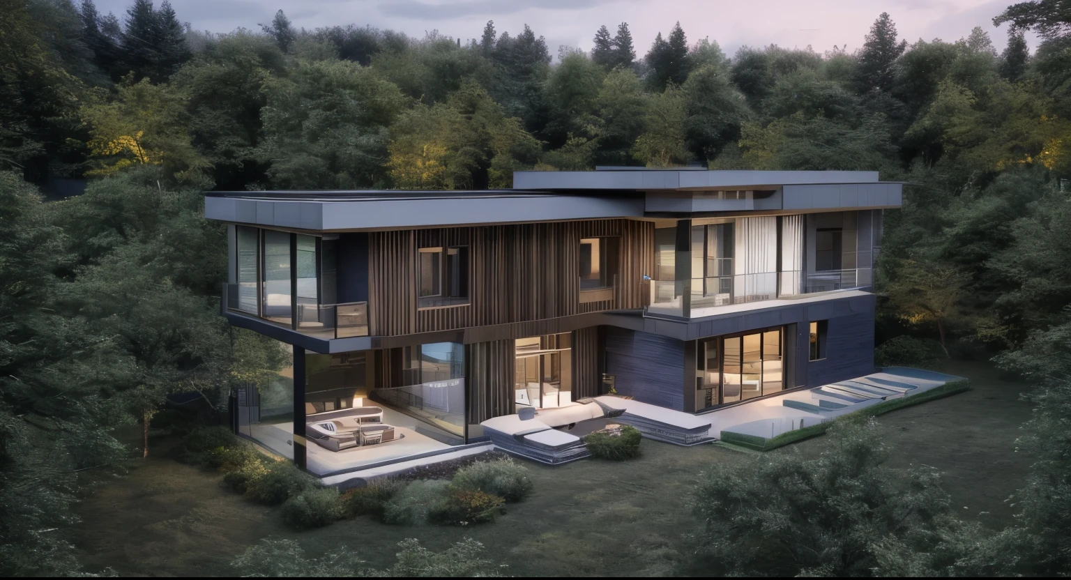 modern house, large yard, beautiful view, surrounding trees, (Single storey house planlat roofs,large windows,wood materials,concrete and glass,glass railings,surrounded by trees,lawn ,large sliding glass doors, large outdoor fireplace, beautiful flat roof, linear straight line, sunset light, neutral colored lights, beautiful, cloudy sky, landscape,plain terrain, RAW photo, subject, 8k uhd, dslr, soft lighting, high quality, film grain, Fujifilm XT3