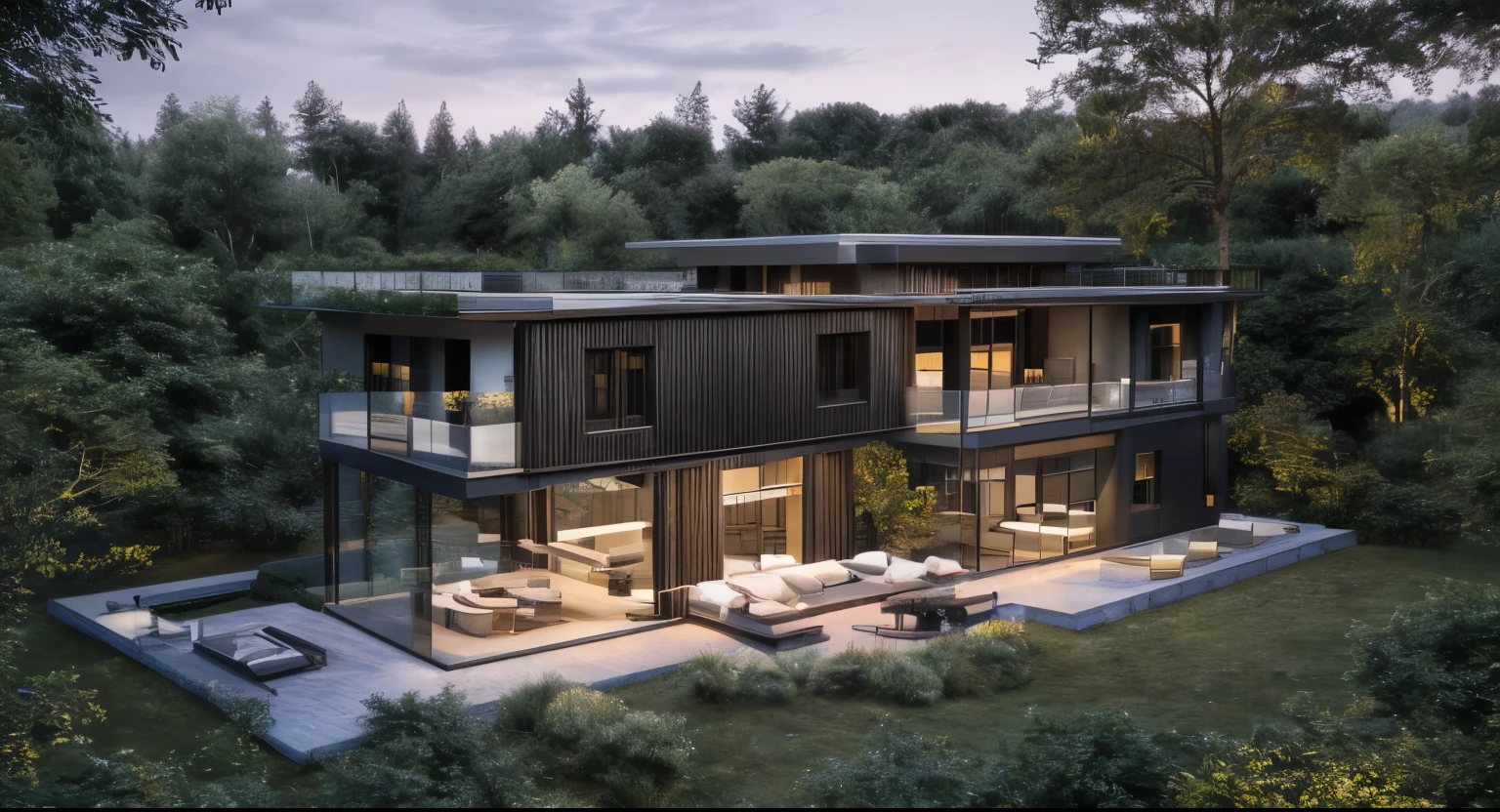 modern house, large yard, beautiful view, surrounding trees, (Single storey house planlat roofs,large windows,wood materials,concrete and glass,glass railings,surrounded by trees,lawn ,large sliding glass doors, large outdoor fireplace, beautiful flat roof, linear straight line, sunset light, neutral colored lights, beautiful, cloudy sky, landscape,plain terrain, RAW photo, subject, 8k uhd, dslr, soft lighting, high quality, film grain, Fujifilm XT3