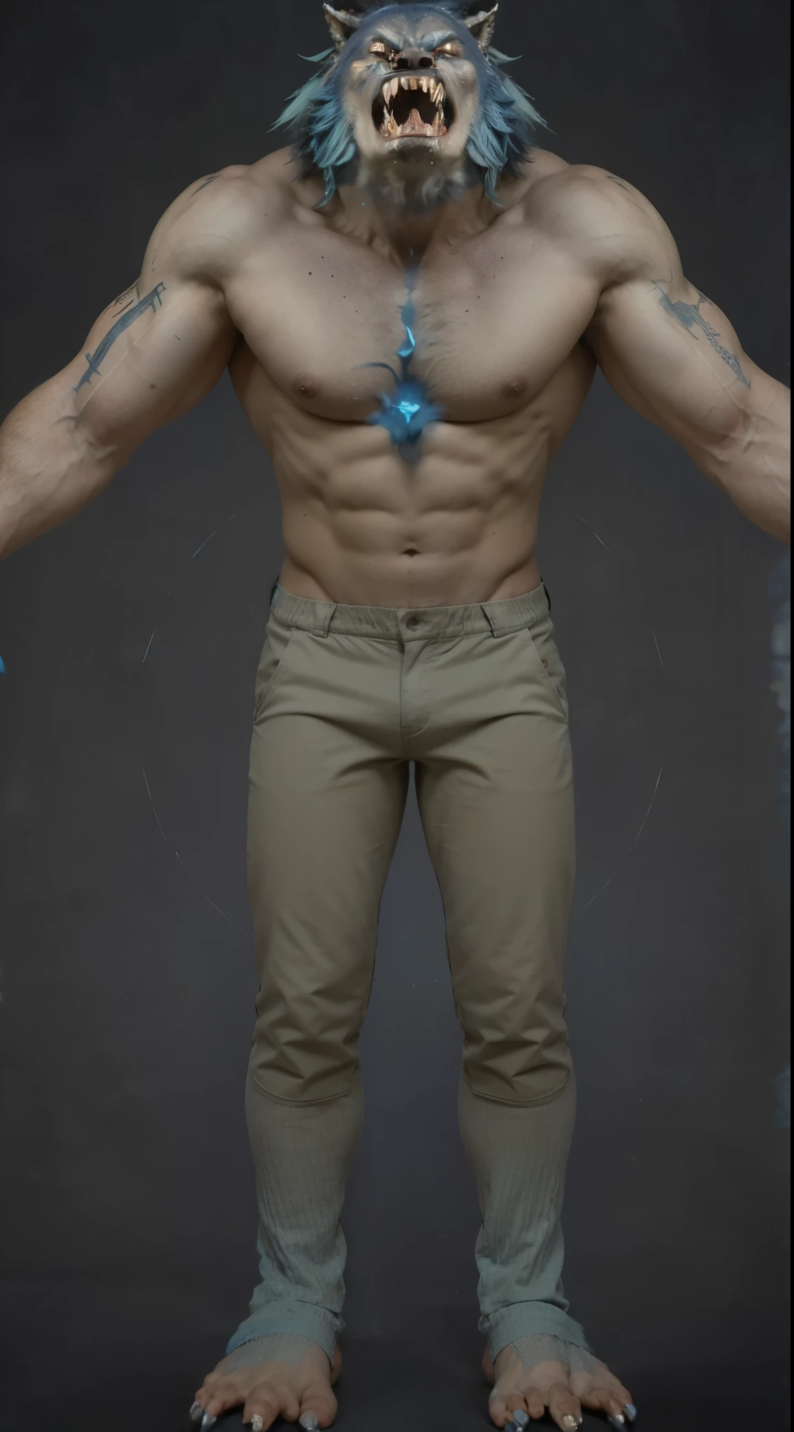 (masterpiece),(best quality:1.0),(ultra high resolution:1.0),monster, werewolf, wolfteam,shorts pants, blue hair, gray pants, face focus, muscular, 8k wallpaper, full body