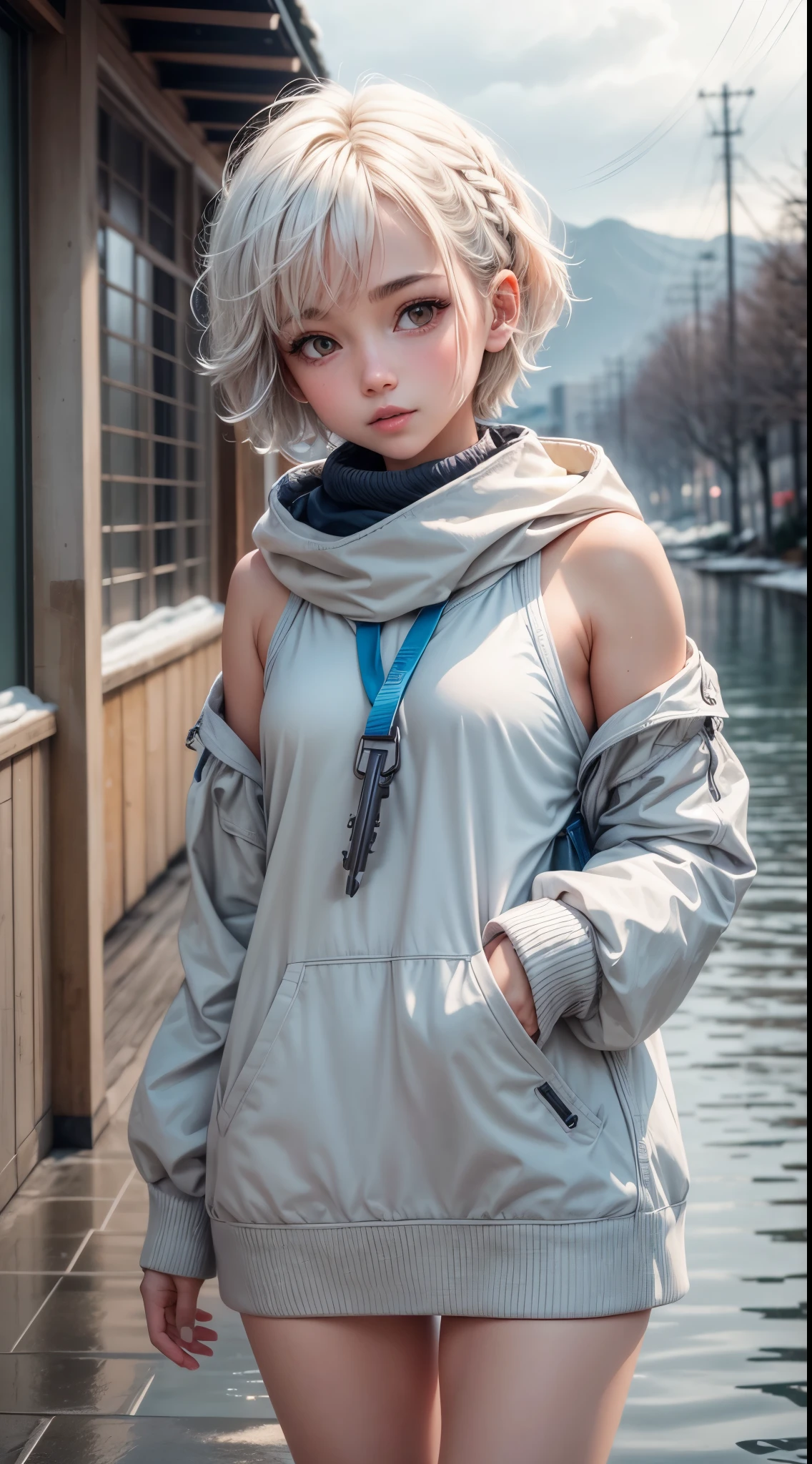 1girl, short hair up to the shoulders, roupas de frio, neve, nuvens nuvens detalhadas, agua detalhada, sentada, rio, lago, montanhas, camera distante, key piece, (melhor qualidade), (ultra qualidade), (ultra detalhado), (muito detalhe)