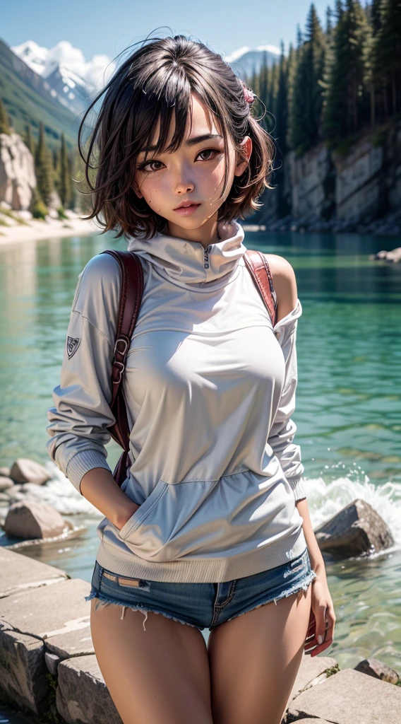 1girl, short hair up to the shoulders, roupas de frio, neve, nuvens nuvens detalhadas, agua detalhada, sentada, sentada nas pedras, lago, montanhas, camera distante, key piece, (melhor qualidade), (ultra qualidade), (ultra detalhado), (muito detalhe)
