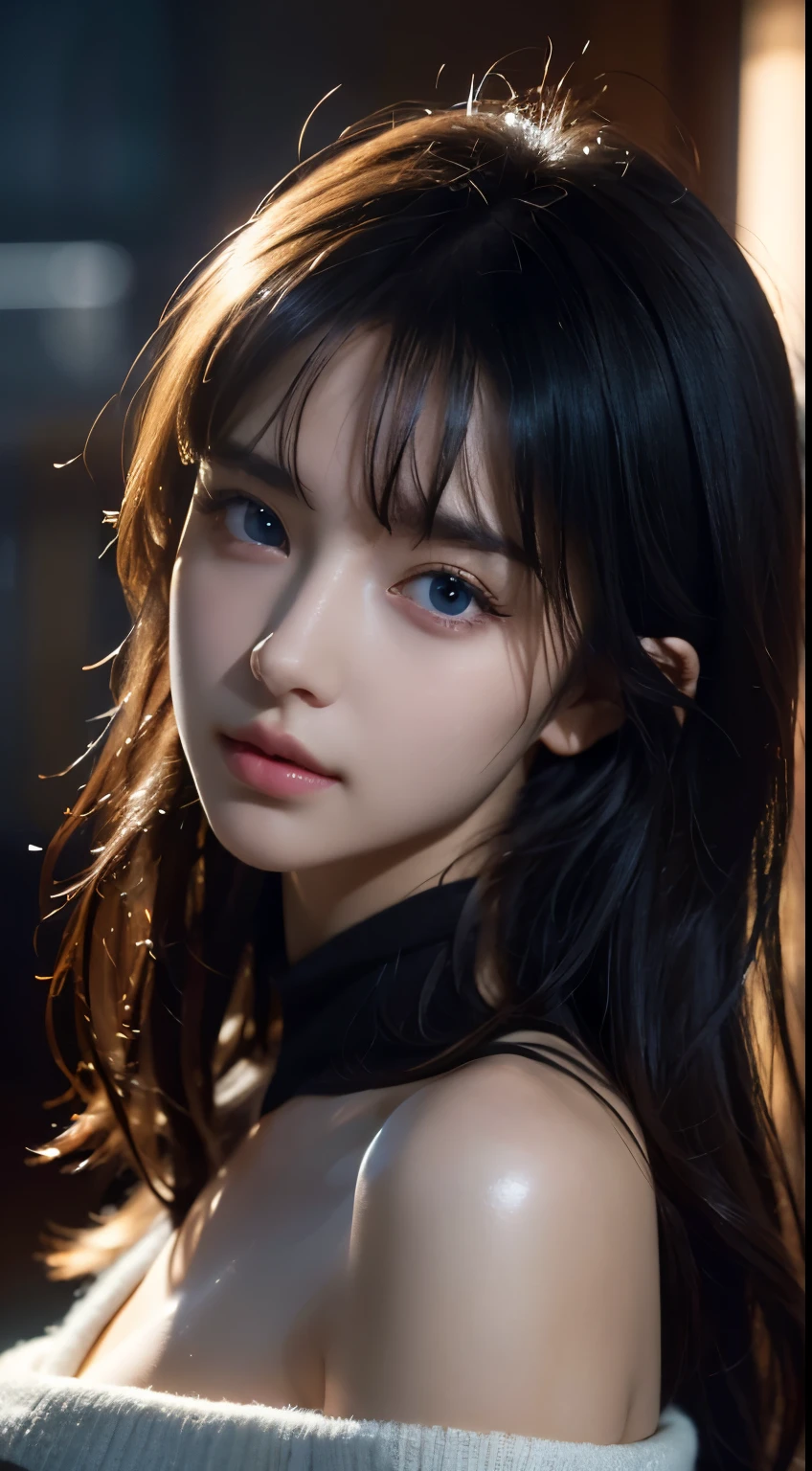 ultra high res, masterpiece, best quality, perfect glossy shiny skins, perfect lighting, detailed lighting, dramatic shadows, ray tracing, black sweater, looking at viewer, off shoulder, blue Eyes, sharp face, sharp eyes,  Cyberpunk, long bangs, open mouse, ((Dark background))