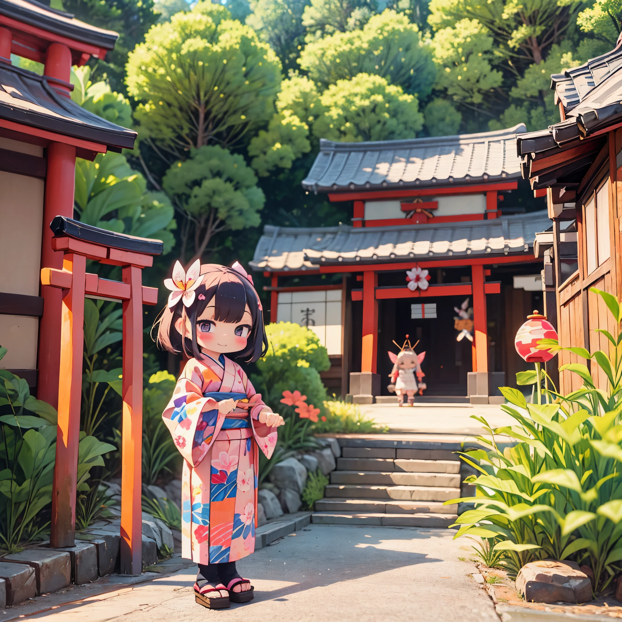 photoRealstic、Japan shrine in the background、３Year old girl、Wearing a kimono to celebrate Shichi-Go-San、Traditional events of Japan、Smile, kawaii pose 、 highly detailed eyelid painting、Floral hair ornament、butterfly hair ornament、on my right hand, I have a bag of Chitose candy、Strong bokeh、Flowers in the foreground