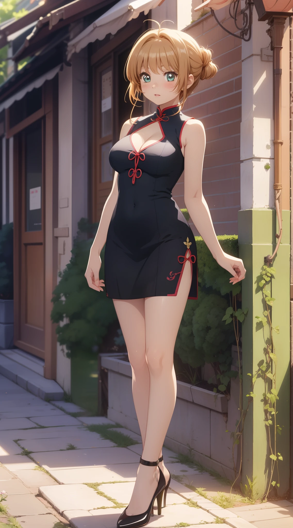 masterpiece, best quality, highres, perfect pixel, depth of field, 1girl, single, solo, beautiful anime girl, beautiful artstyle, (detailed face), (blush), anime CG style, (medium breasts), good lighting, perfect body, lips parted, (sakura kinomoto), glossy lips, (sleeveless cheongsam), cleavage, (high heels)