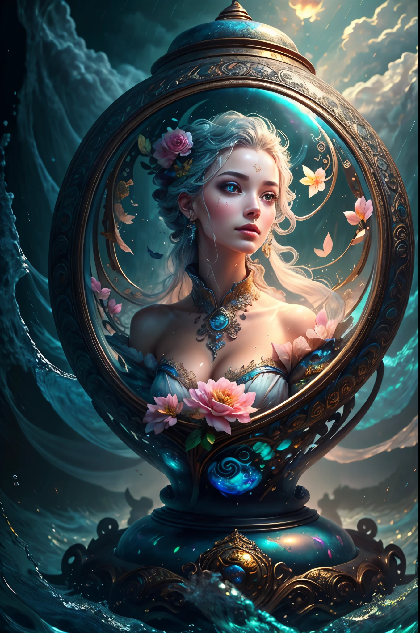 girl holding hourglass in hand, girl sitting on garden bench, (masterpiece), best quality, expressive detailed eyes, perfect face, huge floating antique hourglass, beautiful girl sitting inside the hourglass, lamp lantern, dark night sky, cloudy sky, rain clouds with lightning, beautiful girl looking up, long black hair, Beautiful Illustration homepage style, high resolution, hard touch illustration, strong outline, 8k, Hiroyuki Nagasaka style, transparent white silk dress, fashion style, bright mist. Paint water splashes. Magic spell. Pink silver gray color gradient glowing vapor veil wave on black abstract art background free space. Baroque elements, intricate oil paintings, bubbles and swirling fountains, full body, extremely detailed (Fractal Art: 1.3), vibrant colors, more detailed, slight smile, transparent clothing, mandalas and flowers, best quality, vibrant hair fused in water, beautiful visible pubic area, perfect full lips, delicate and perfect body, digital painting, intricately detailed eyes looking up, fine art, oil painting, finely drawn magical garden, metallic roses, autumn leaves, metallic colors and enamel, oil tan skin, shiny skin, oil lamp, arcane jinx, legends concept art,