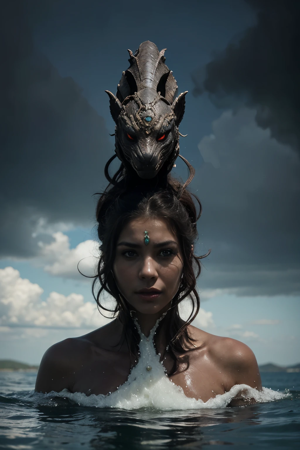 Generate a compelling image of a mythical Hydra with intricate details throughout its entire body. Envision a creature with multiple serpentine heads and a formidable, aquatic presence. Apply a fantastical style, capturing the essence of this legendary creature with careful attention to each head, scale, and feature. Ensure the image quality is at its maximum, delivering a captivating representation of a full-body Hydra in all its mythological glory.