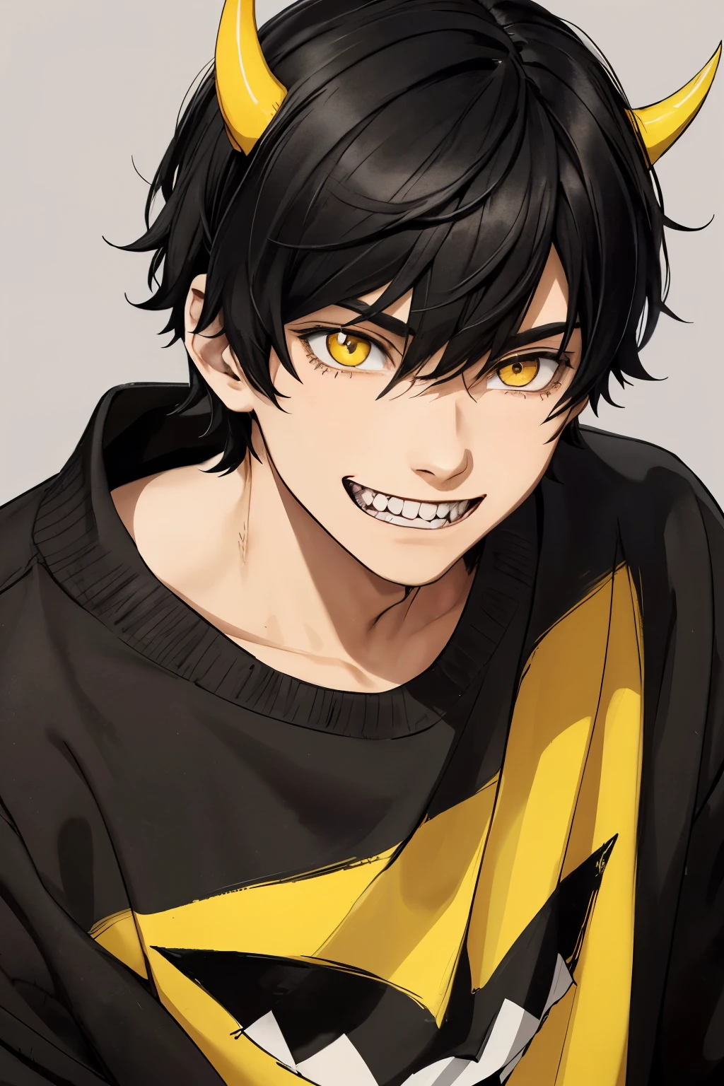 A teen boy with black hair and bangs between his eyes, with a psychopathic smile on his face, yellow eyes, sharp teeth, with horns, in a black sweatshirt with a drawing of a yellow smiley face in the middle, looking at the viewer, on a gray background blurred.