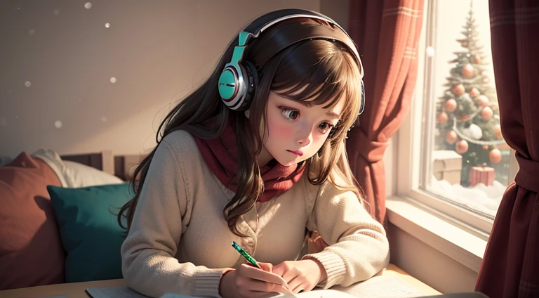 A girl studying in her christmas decorated room, she has headphones on, its snowing outside.