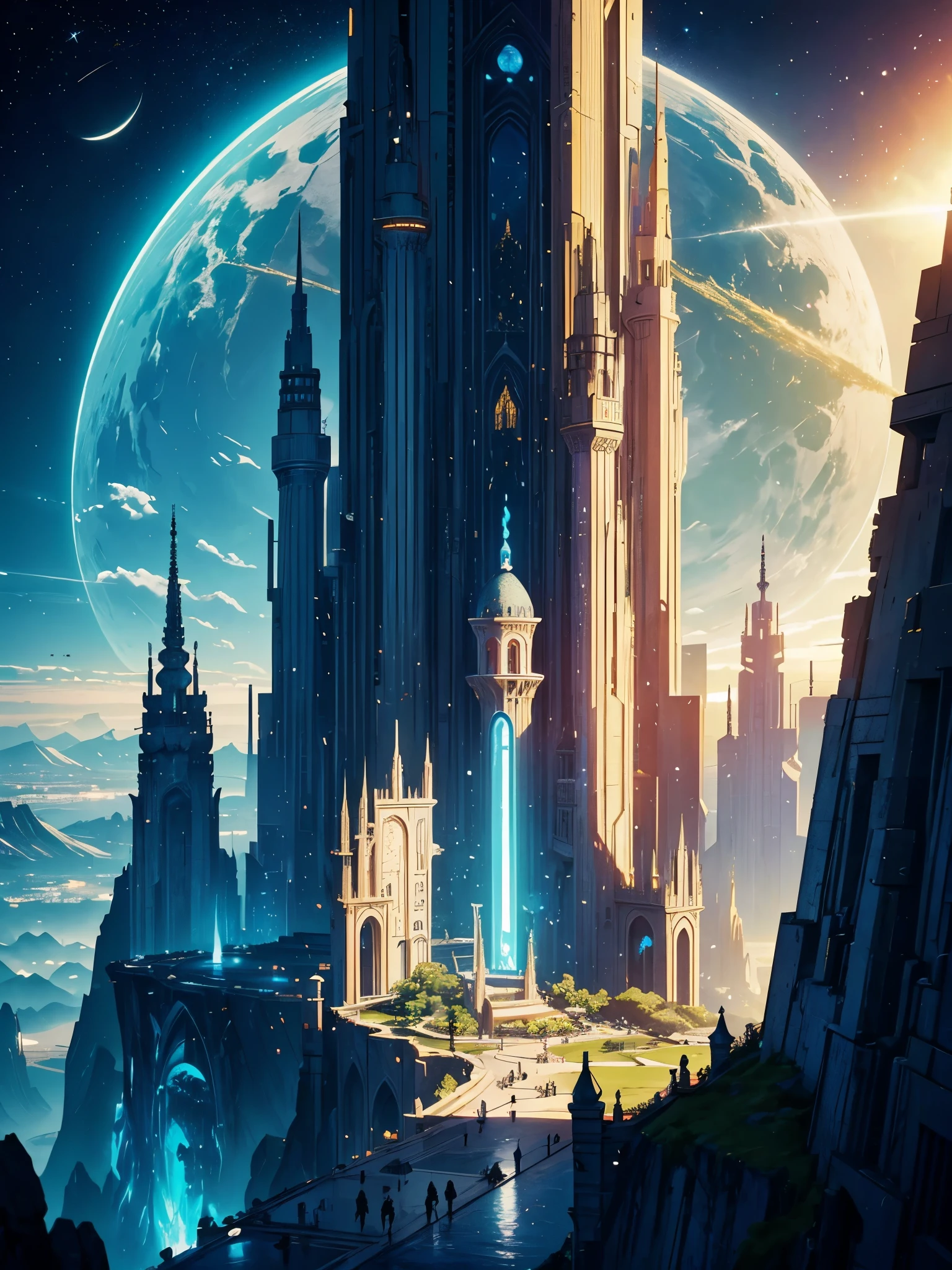 ((piece of master)), best quality, (8k, best quality, master part:1.2), ultra-detalhado, illustration, cidade grande fantasia, science fiction, Ethereal City, Cidade flutuante, many planets in the heavens, Nuvens ao redor, arquitetura celeste, cicatrizes de energia roxa ao redor, Castelo gigante no centro, astral heavens