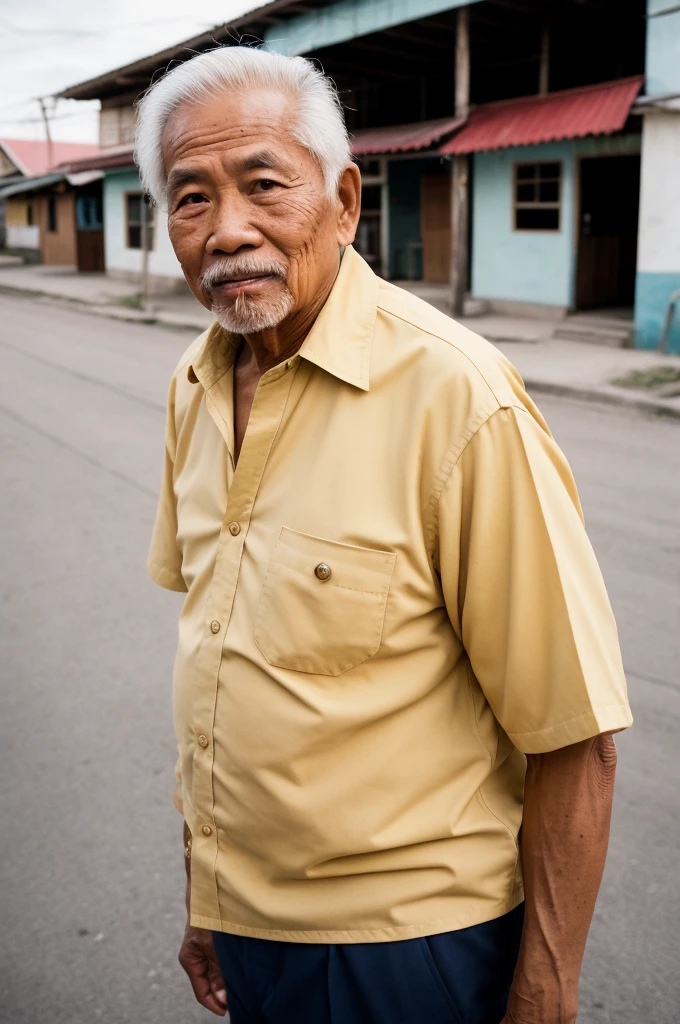 RAW photo, a portrait photo of 75 y.o filipino man, toothpick in mouth, retro '70s shirt with wide collar, traveler clothes, standing in a small town street, natural skin, 8k uhd, high quality, film grain, Fujifilm XT3