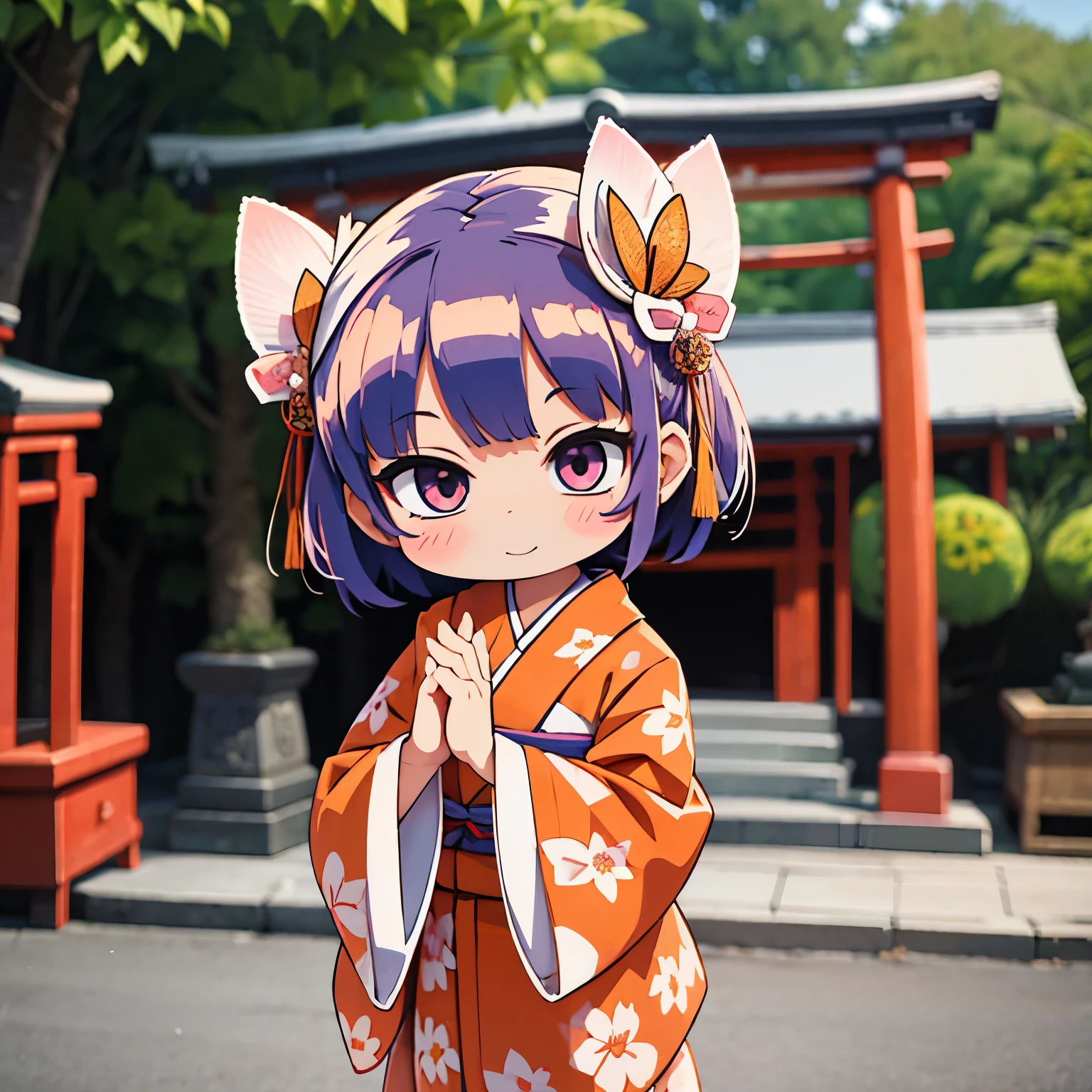 photoRealstic、Japan shrine in the background、３Year old girl、Wearing a kimono to celebrate Shichi-Go-San、Traditional events of Japan、Smile, kawaii pose 、 highly detailed eyelid painting、Floral hair ornament、butterfly hair ornament、on my right hand, I have a bag of Chitose candy、Strong bokeh、Flowers in the foreground