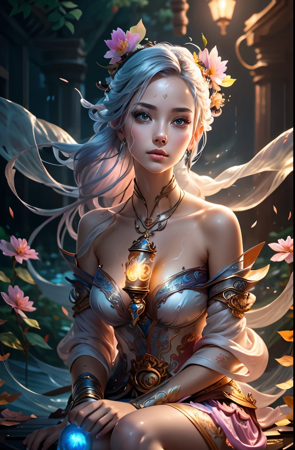 girl holding hourglass in hand, girl sitting on garden bench, (masterpiece), best quality, expressive detailed eyes, perfect face, huge floating antique hourglass, beautiful girl sitting inside the hourglass, lamp lantern, dark night sky, cloudy sky, rain clouds with lightning, beautiful girl looking up, long black hair, Beautiful Illustration homepage style, high resolution, hard touch illustration, strong outline, 8k, Hiroyuki Nagasaka style, transparent white silk dress, fashion style, bright mist. Paint water splashes. Magic spell. Pink silver gray color gradient glowing vapor veil wave on black abstract art background free space. Baroque elements, intricate oil paintings, bubbles and swirling fountains, full body, extremely detailed (Fractal Art: 1.3), vibrant colors, more detailed, slight smile, transparent clothing, mandalas and flowers, best quality, vibrant hair fused in water, beautiful visible pubic area, perfect full lips, delicate and perfect body, digital painting, intricately detailed eyes looking up, fine art, oil painting, finely drawn magical garden, metallic roses, autumn leaves, metallic colors and enamel, oil tan skin, shiny skin, oil lamp, arcane jinx, legends concept art,
