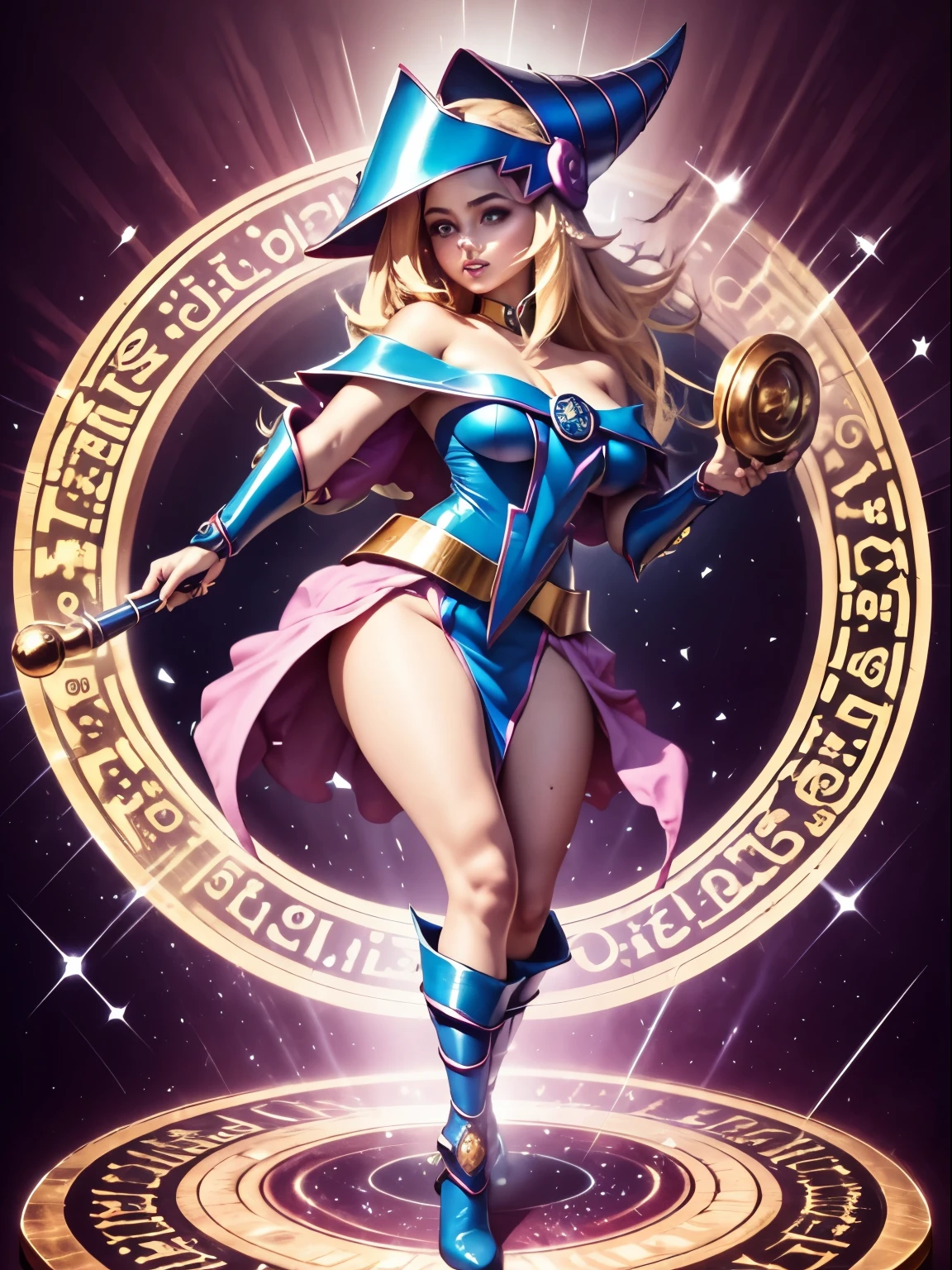ultra-detallado, extremadamente detallado, obra maestra, sthe highest qualit, la mejor calidad, absurdos, highres, dark magician girl, (1girl: 1.2), solo, cara detallada, dynamic  pose, flujo de cabello, (cuerpo completo: 1.1), cabello rubio, cabello largo, mirando al espectador, ojos verdes, skindentation, piel detallada, poros de la piel, (piel brillante, piel brillante: 1.1), detalles de piel rosada, senos, toenail polish, falda, calzado azul, sombrero azul, sombrero de mago,  varita, holding hat, (bragas azules: 0.9), (summoning circle: 1.1), hexagrama, pentacle, pentagrama, yu-gi-oh!, monstruo de duelo, Purple Magic Field, resplandor, fondo detallado, fondo intrincado, Pose sujestiva y sensual