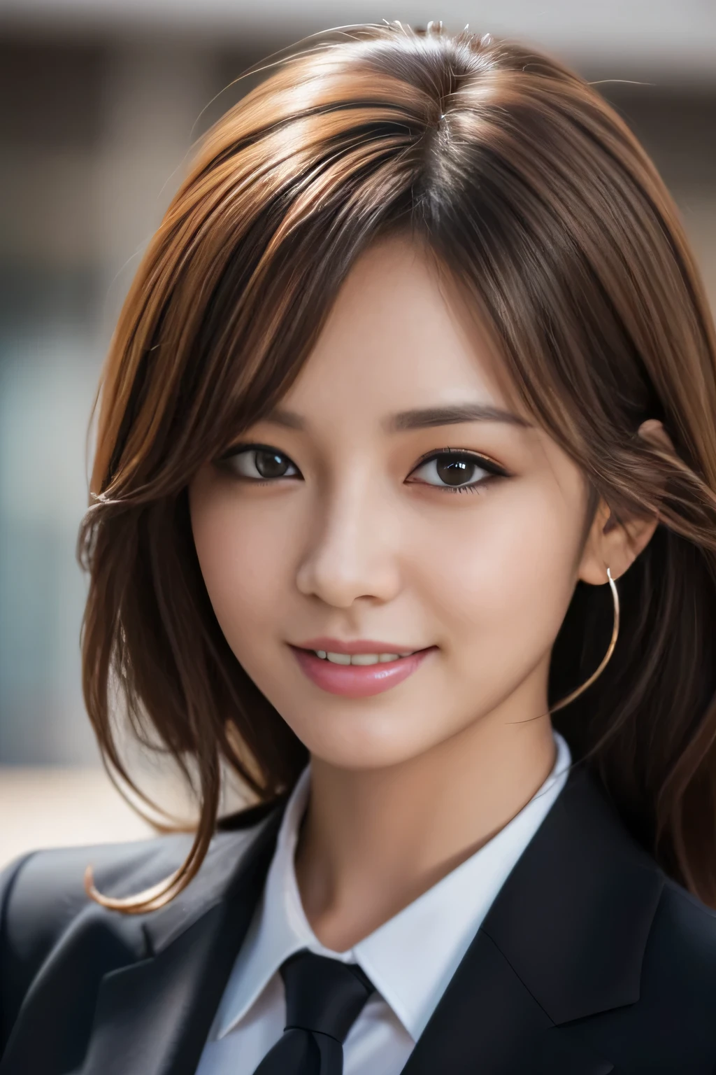 masutepiece, Best Quality, Photorealistic, Ultra-detailed, finely detail, High resolution, 8K Wallpaper, 1 beautiful woman,, light brown messy hair, in a business suit, foco nítido, Perfect dynamic composition, Beautiful detailed eyes, detailed hairs, Detailed realistic skin texture, Smiling, Close-up portrait, Model body type