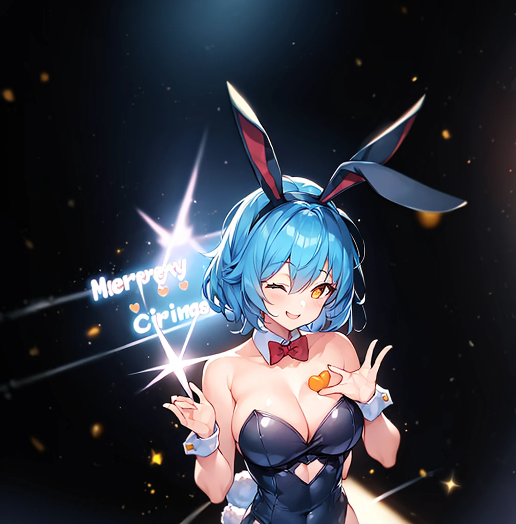 1girl, large breasts, bunnysuit, orange eyes, rabbit ears, very short hair, blue hair, bunny ears, bowtie, breasts, text, heart, christmas, smile, one-eye closed, black background