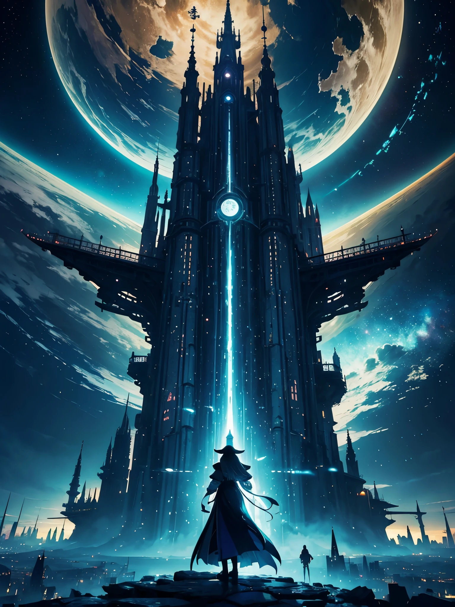((piece of master)), best quality, (8k, best quality, master part:1.2), ultra-detalhado, illustration, cidade grande fantasia, science fiction, Ethereal City, Cidade flutuante, many planets in the heavens, Nuvens ao redor, arquitetura celeste, cicatrizes de energia roxa ao redor, Castelo gigante no centro, astral heavens