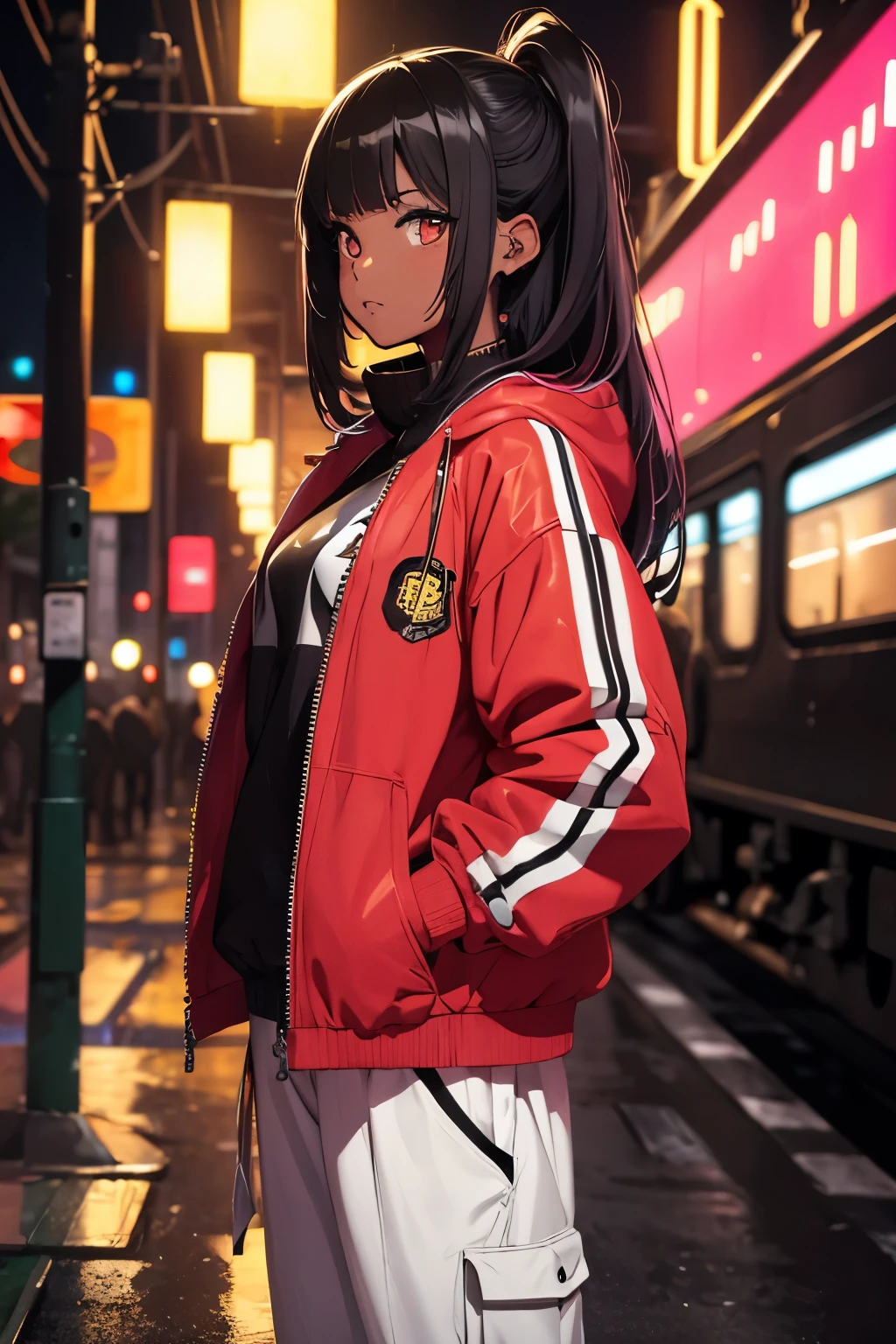 (masterpiece:1.4), 1girl, yellow Streetwear, cargo pants, street, (masterpiece, best quality, highres, ultra detailed ), night, depth of field, absurdreasterpiece:1.4), ultra-detailed, 1girl, dark-skinned, stand up, black and yellow, brown skin, long black wildly hair with white streaks, tatoos, pink hair, white lips, cool neon night red environment train backstreet background