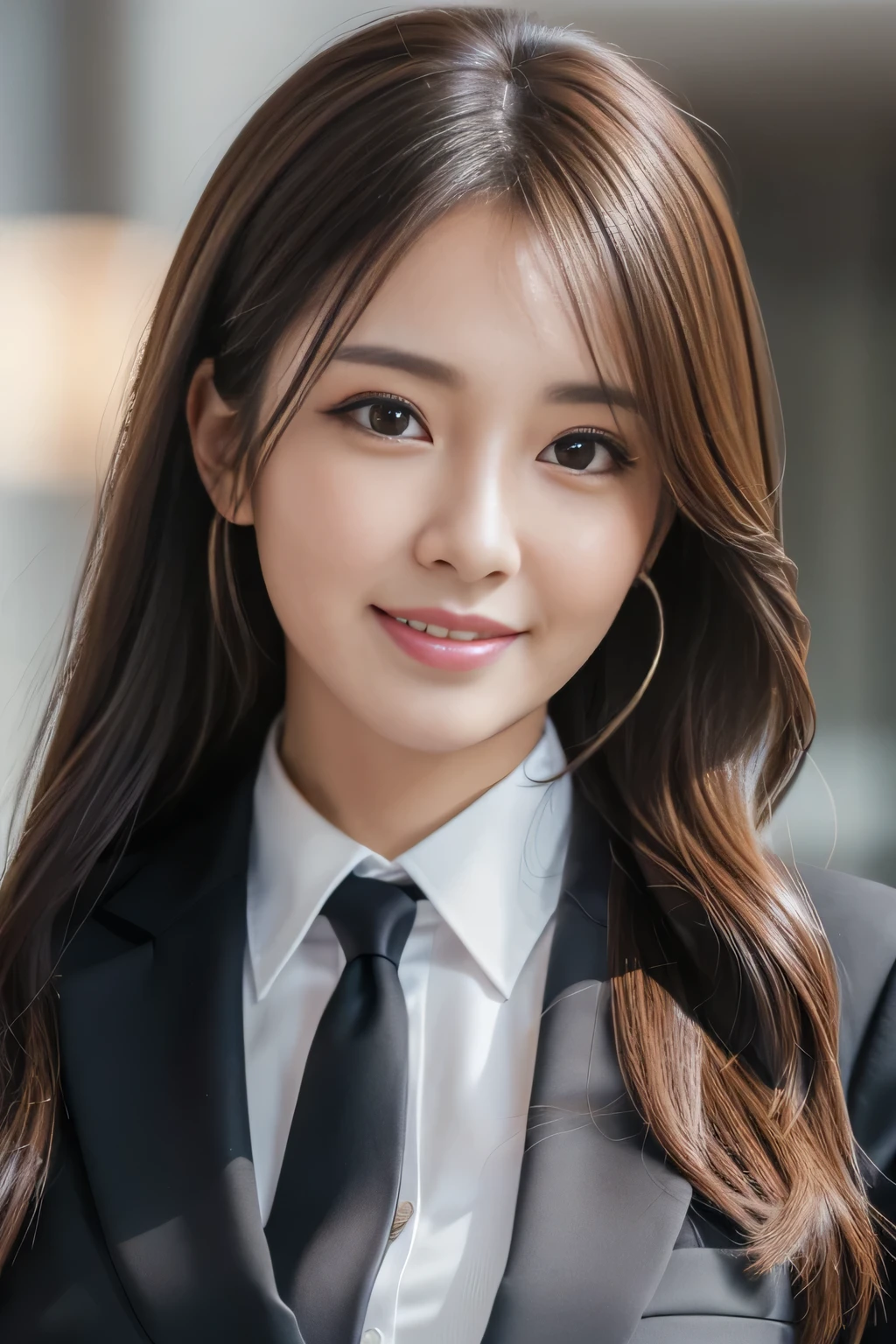 masutepiece, Best Quality, Photorealistic, Ultra-detailed, finely detail, High resolution, 8K Wallpaper, 1 beautiful woman,, light brown messy hair, in a business suit, foco nítido, Perfect dynamic composition, Beautiful detailed eyes, detailed hairs, Detailed realistic skin texture, Smiling, Close-up portrait, Model body type